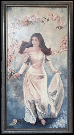 Elegant Bride Barefoot Through The Blossoms 20th Century French Oil Painting