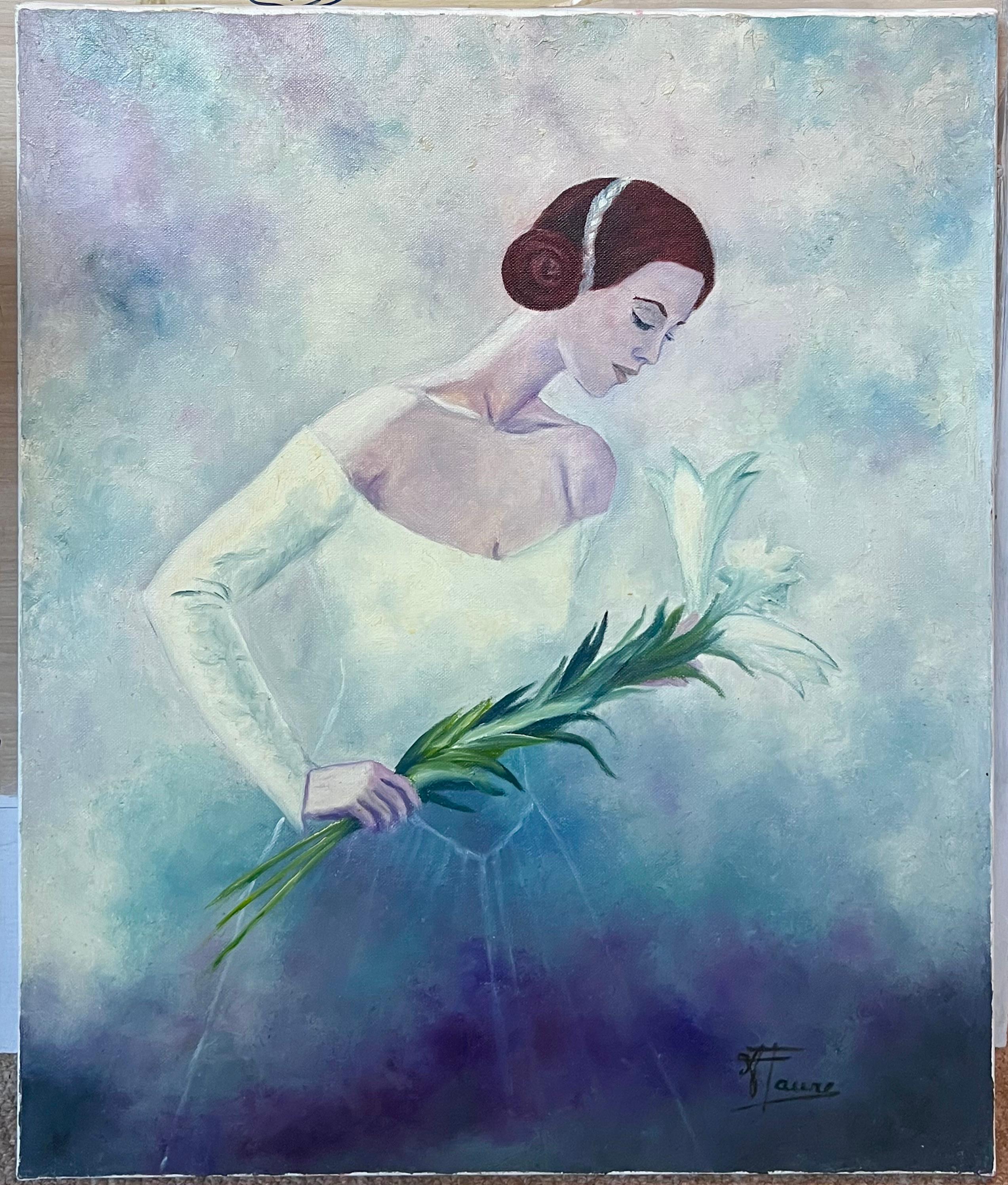 Élégante mariée dans un ciel bleu tenant un nénuphar, huile française du 20e siècle - Painting de Annie Faure