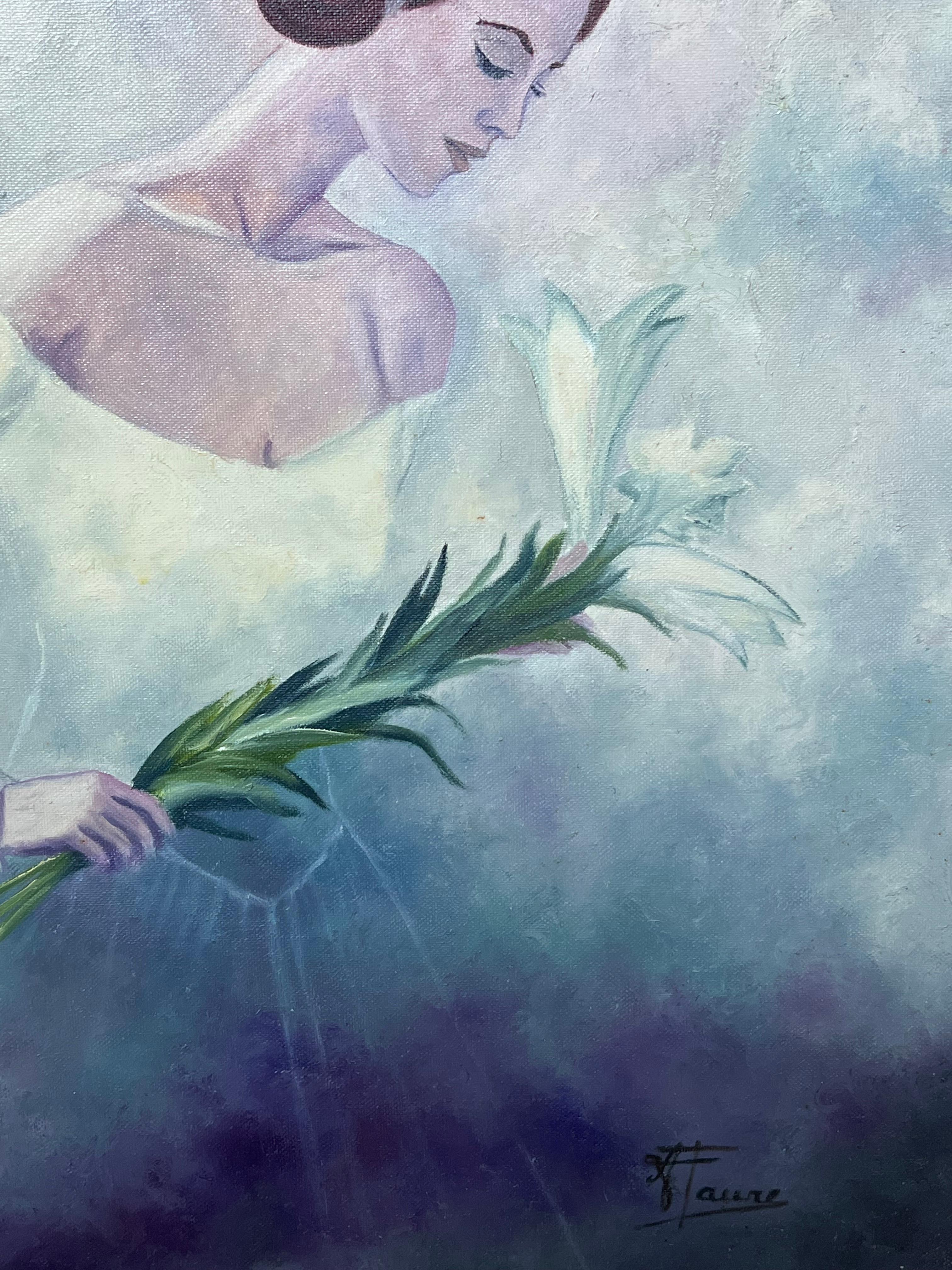 Élégante mariée dans un ciel bleu tenant un nénuphar, huile française du 20e siècle - École française Painting par Annie Faure