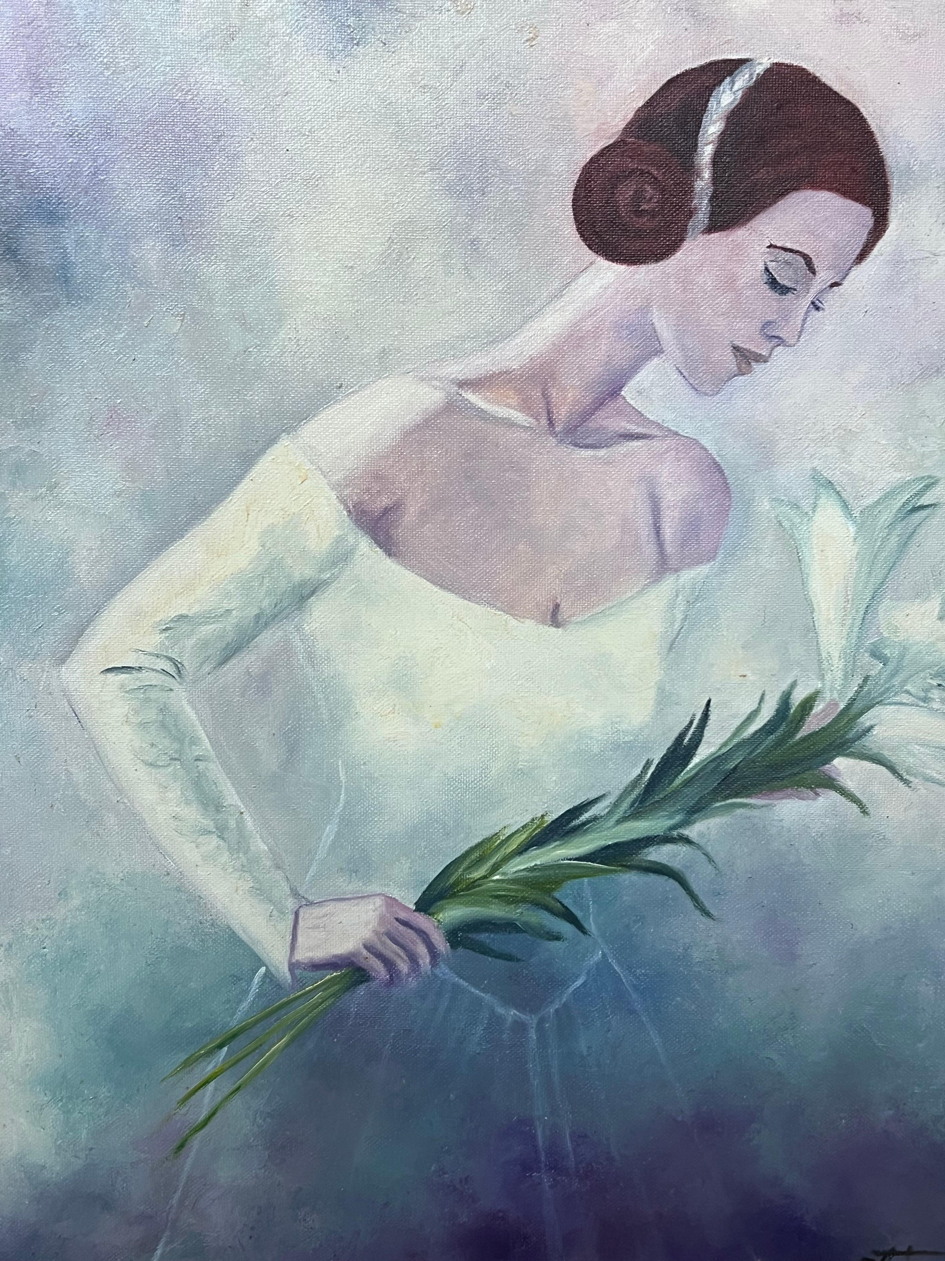 Élégante mariée dans un ciel bleu tenant un nénuphar, huile française du 20e siècle - Bleu Portrait Painting par Annie Faure