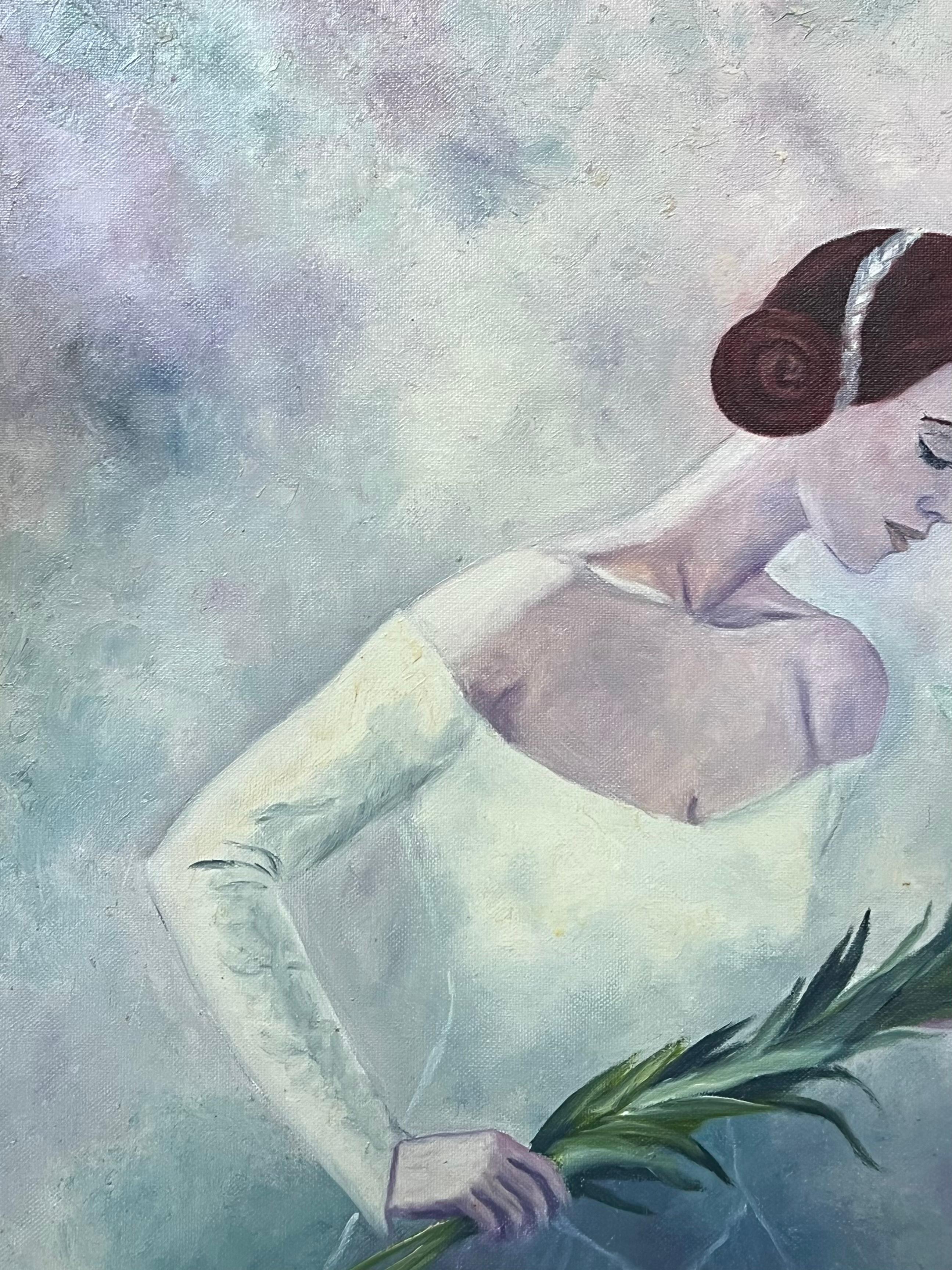 Bride & Lily 
d'Annie Faure (française 1940-2021)
signé en dans le coin inférieur
peinture à l'huile sur toile, non encadrée
taille de la toile : 21.5 x 18 pouces
état : très bon dans l'ensemble, légères éraflures de surface dues à un stockage
