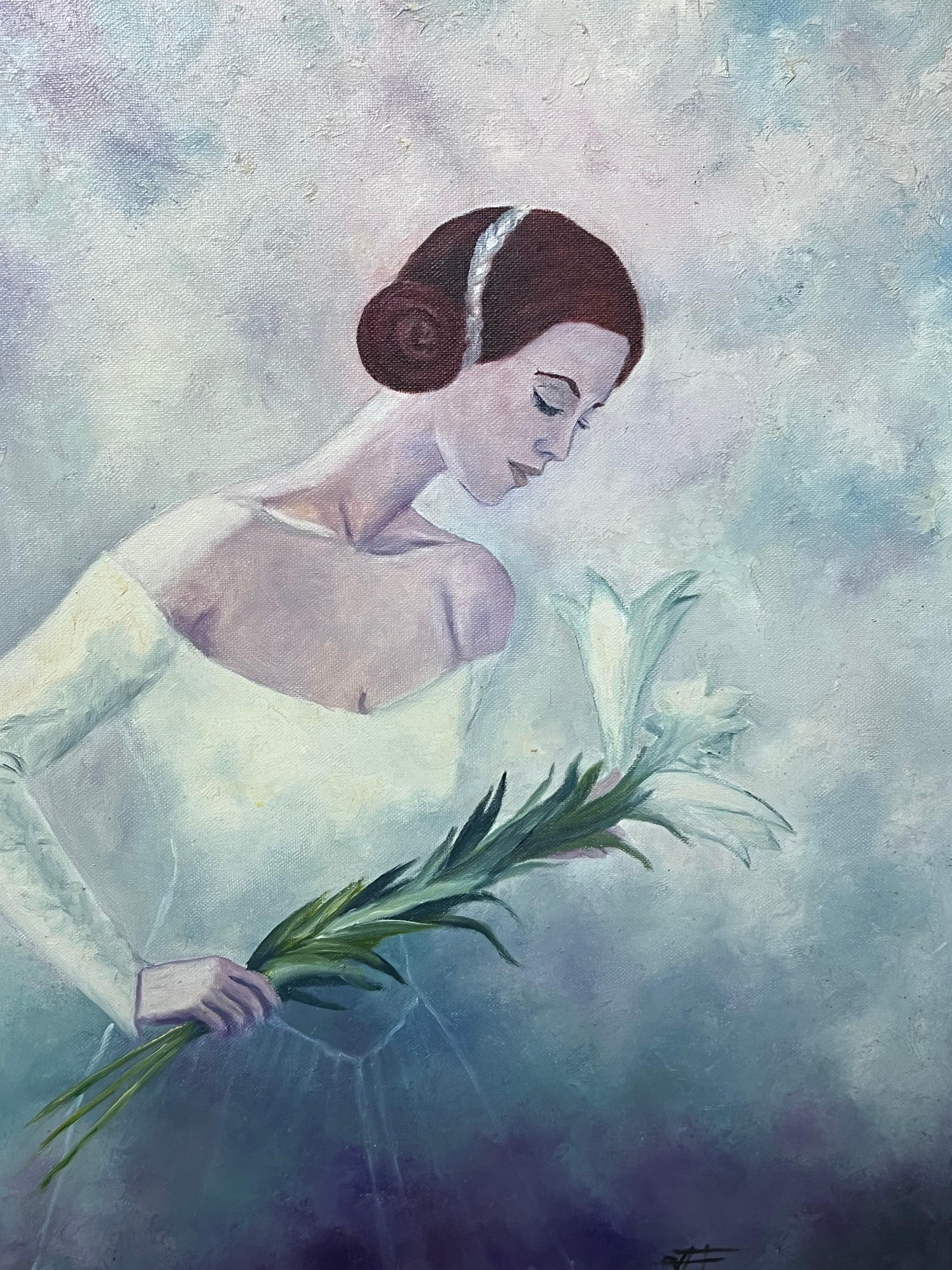 Élégante mariée dans un ciel bleu tenant un nénuphar, huile française du 20e siècle en vente 1