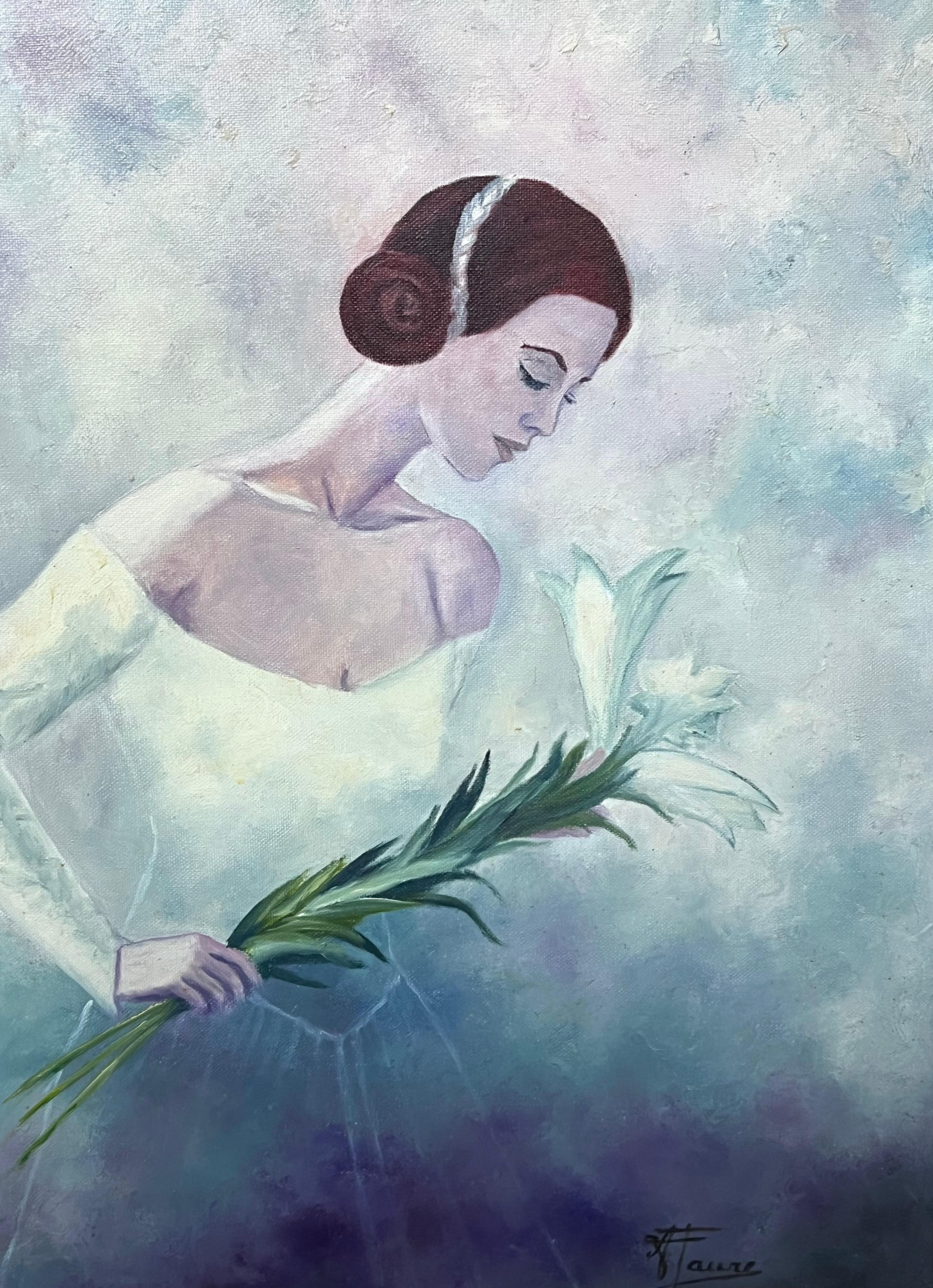Élégante mariée dans un ciel bleu tenant un nénuphar, huile française du 20e siècle en vente 2