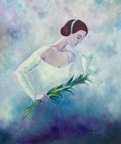 Elegante novia en un cielo azul sosteniendo un lirio Óleo francés del siglo XX