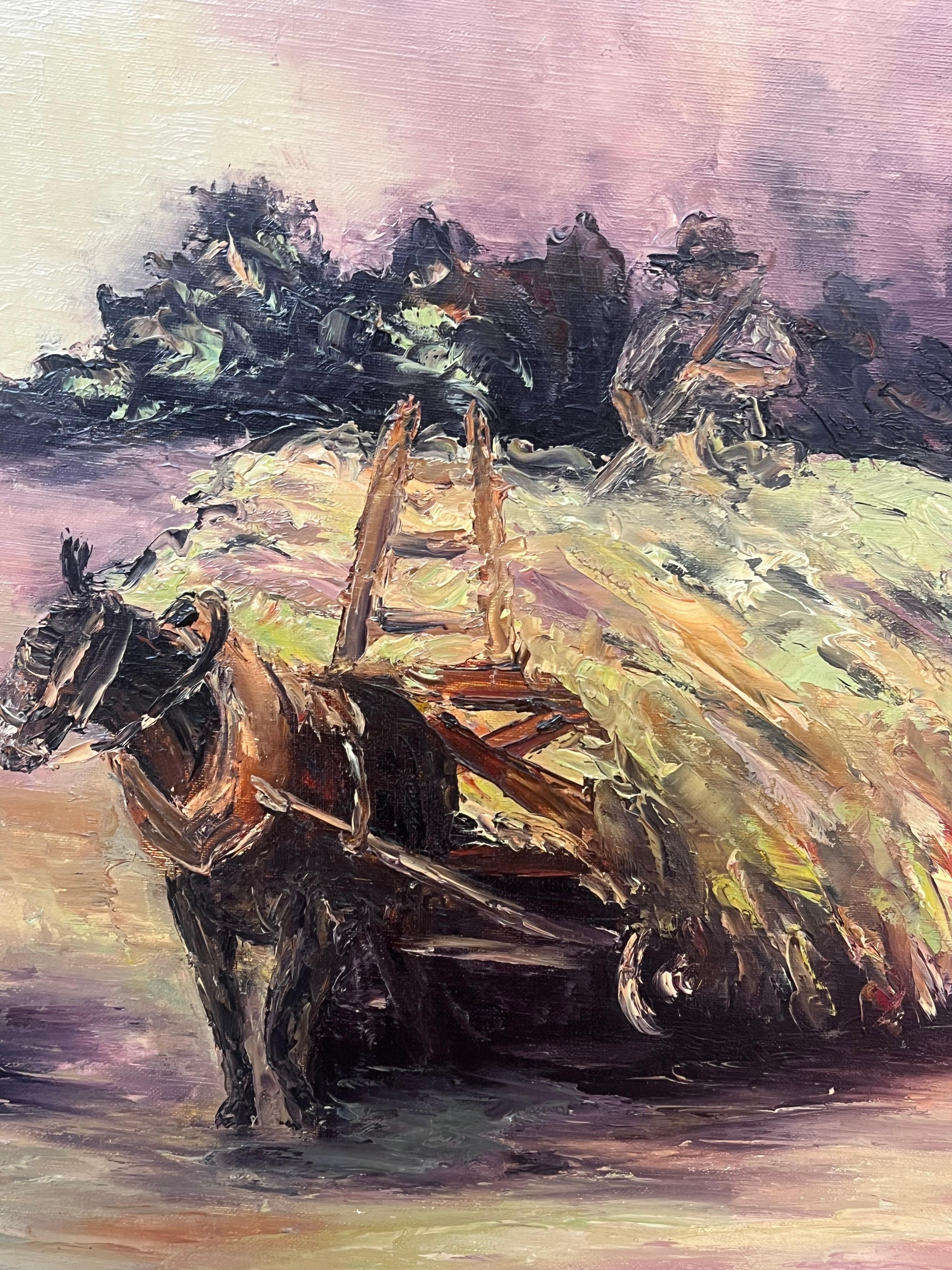 Bauer mit Pferd und Kart Sammeln der Ernte 20. Jahrhundert Französisches Ölgemälde (Französische Schule), Painting, von Annie Faure