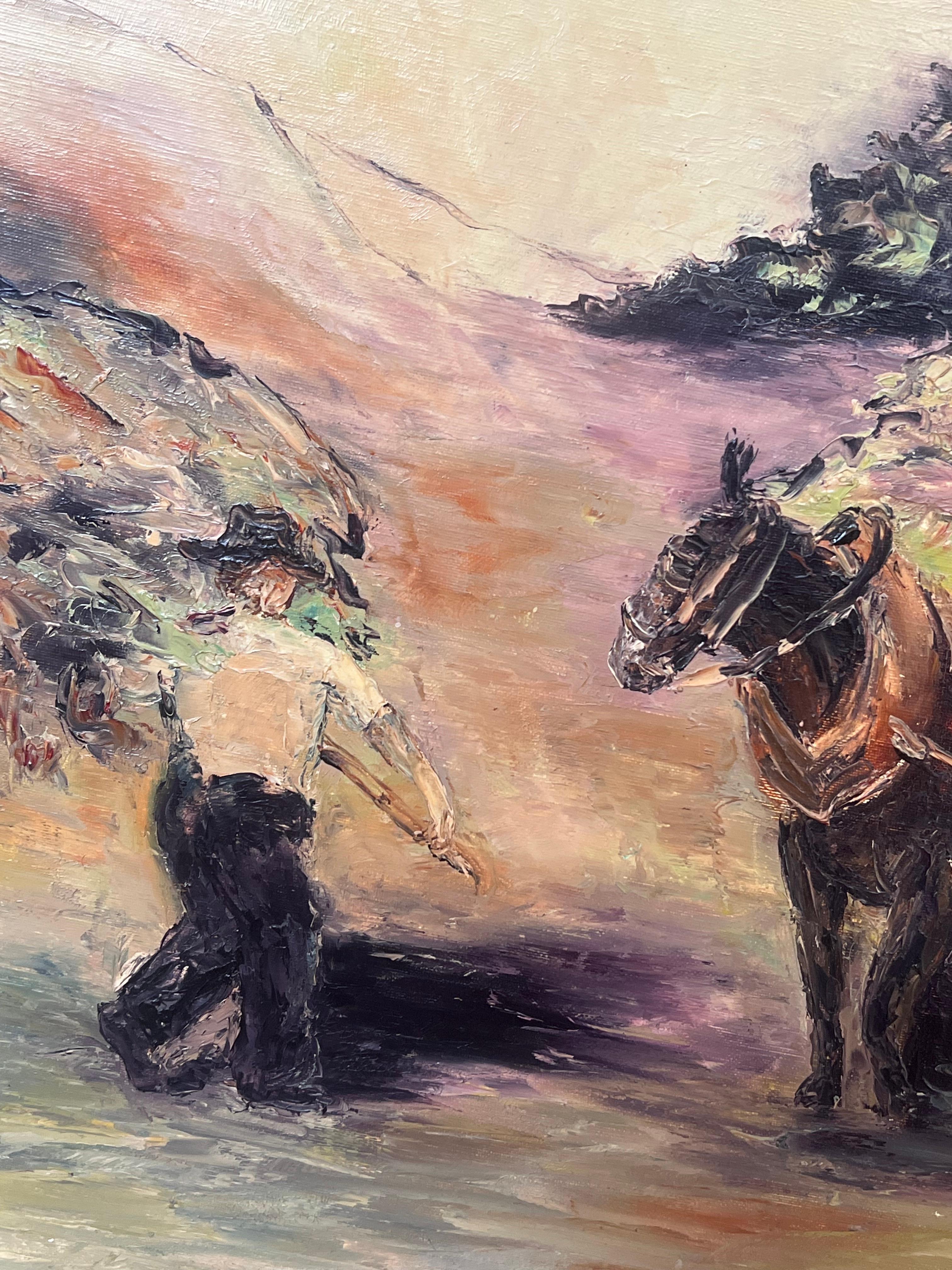 Bauer mit Pferd und Kart Sammeln der Ernte 20. Jahrhundert Französisches Ölgemälde (Braun), Figurative Painting, von Annie Faure
