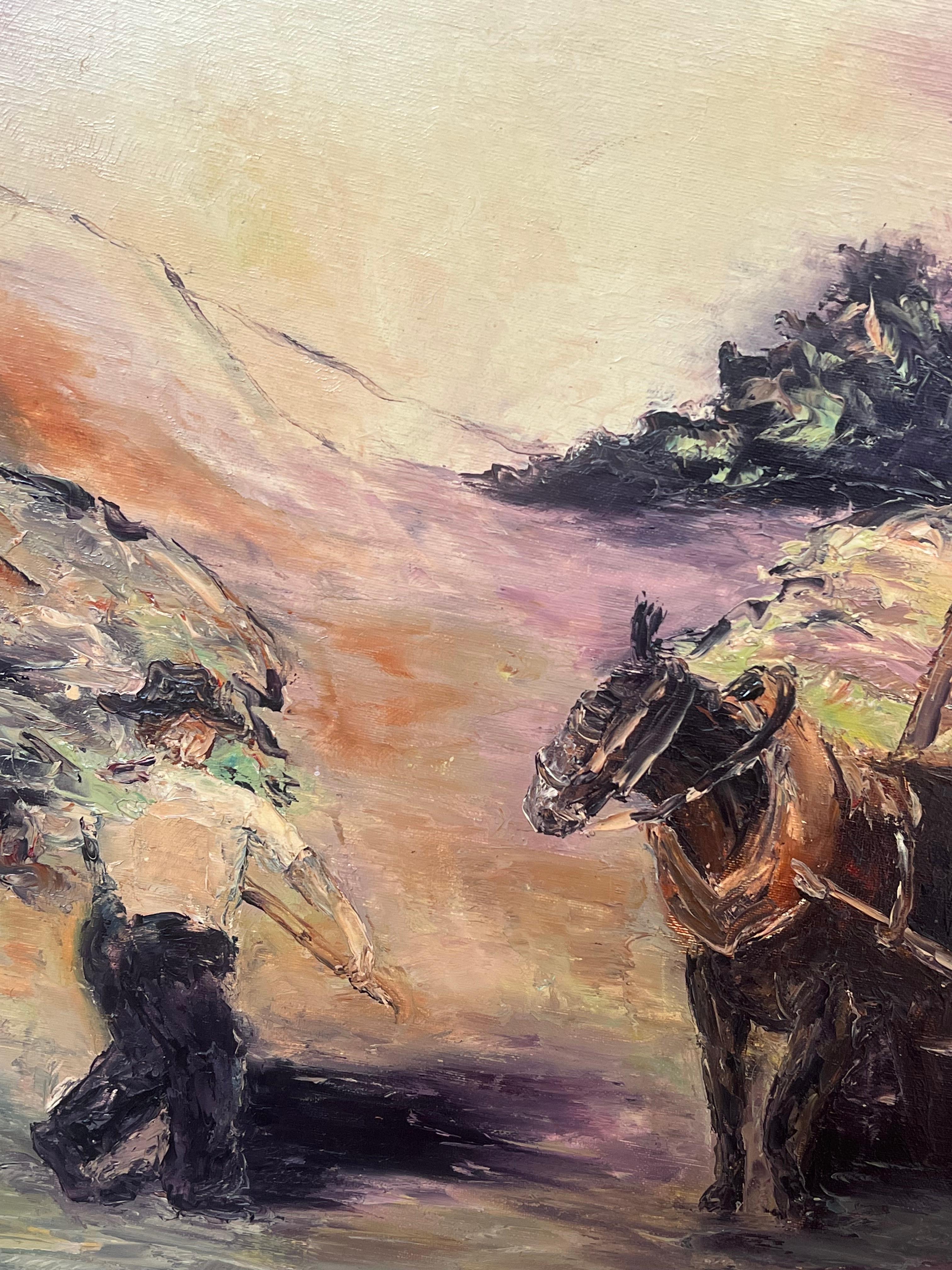 Landwirt & Kart
von Annie Faure (Französisch 1940-2021)
signiert untere Ecke
Ölgemälde auf Leinwand, ungerahmt
Größe der Leinwand: 18 x 21,5 Zoll
Zustand: insgesamt sehr gut, kleinere Oberflächenabschürfungen durch frühere Lagerung
Herkunft: aus der