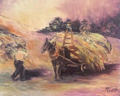 Bauer mit Pferd und Kart Sammeln der Ernte 20. Jahrhundert Französisches Ölgemälde