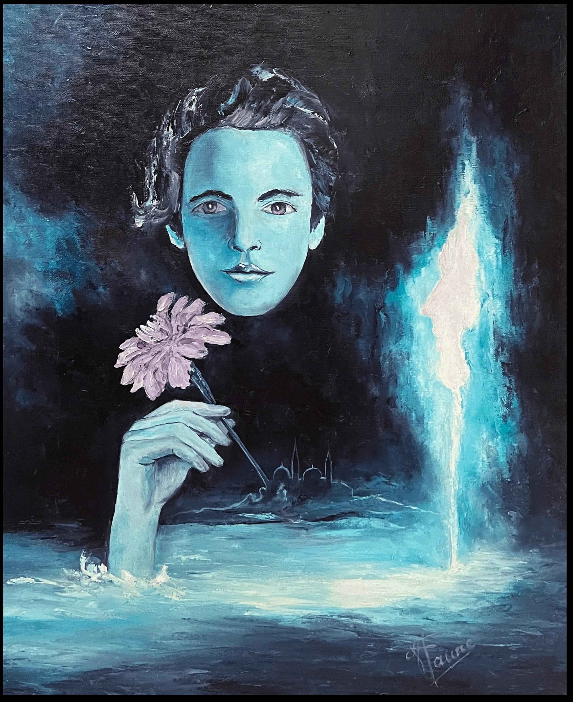 Figura che sorge nelle acque blu Pittura ad olio astratta francese del XX secolo - Painting di Annie Faure