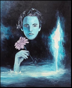 Figure Arising In The Blue Waters Abstract French 20th Century Oil Painting
