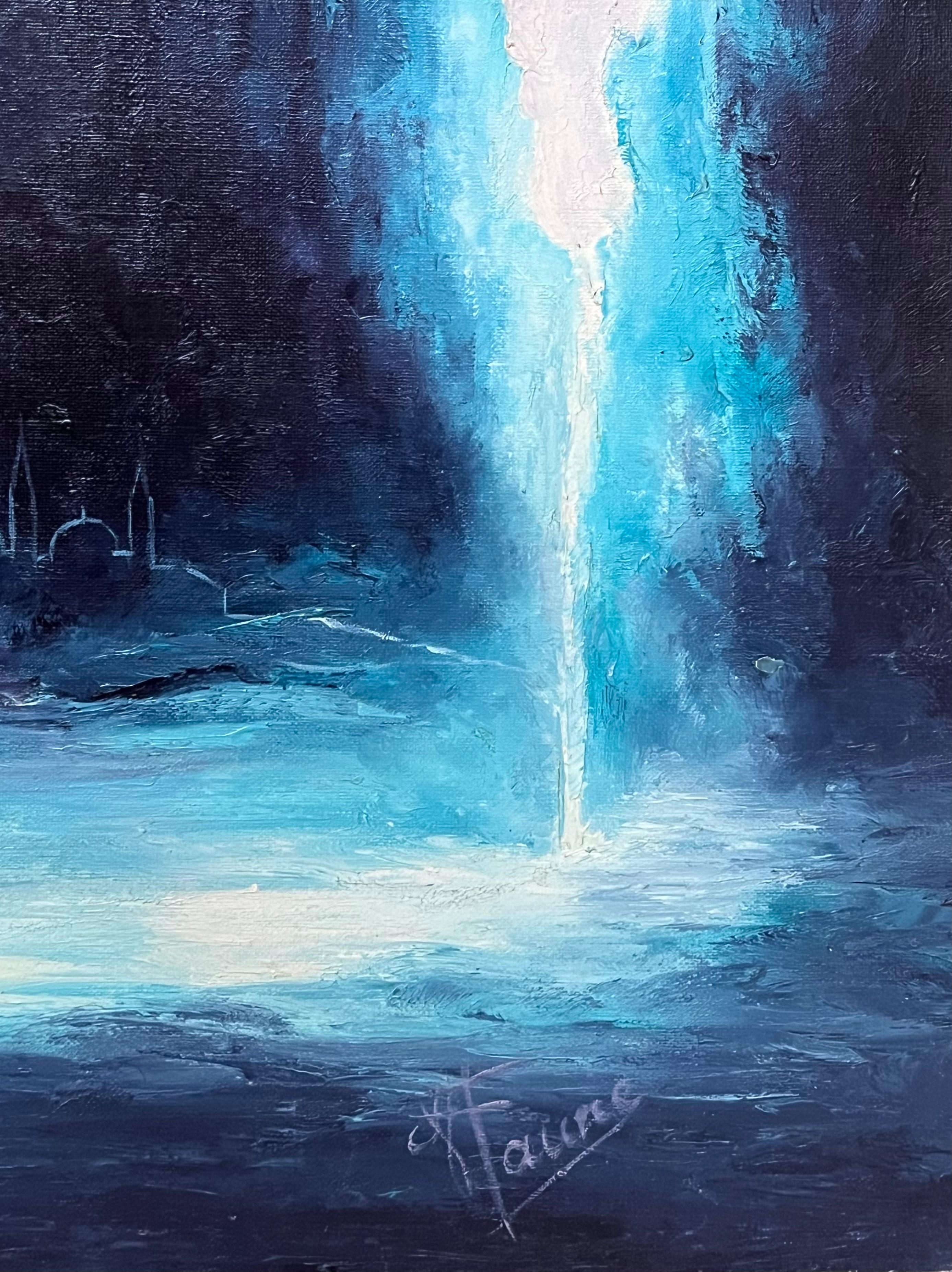 Figura che sorge nelle acque blu Pittura ad olio astratta francese del XX secolo in vendita 1