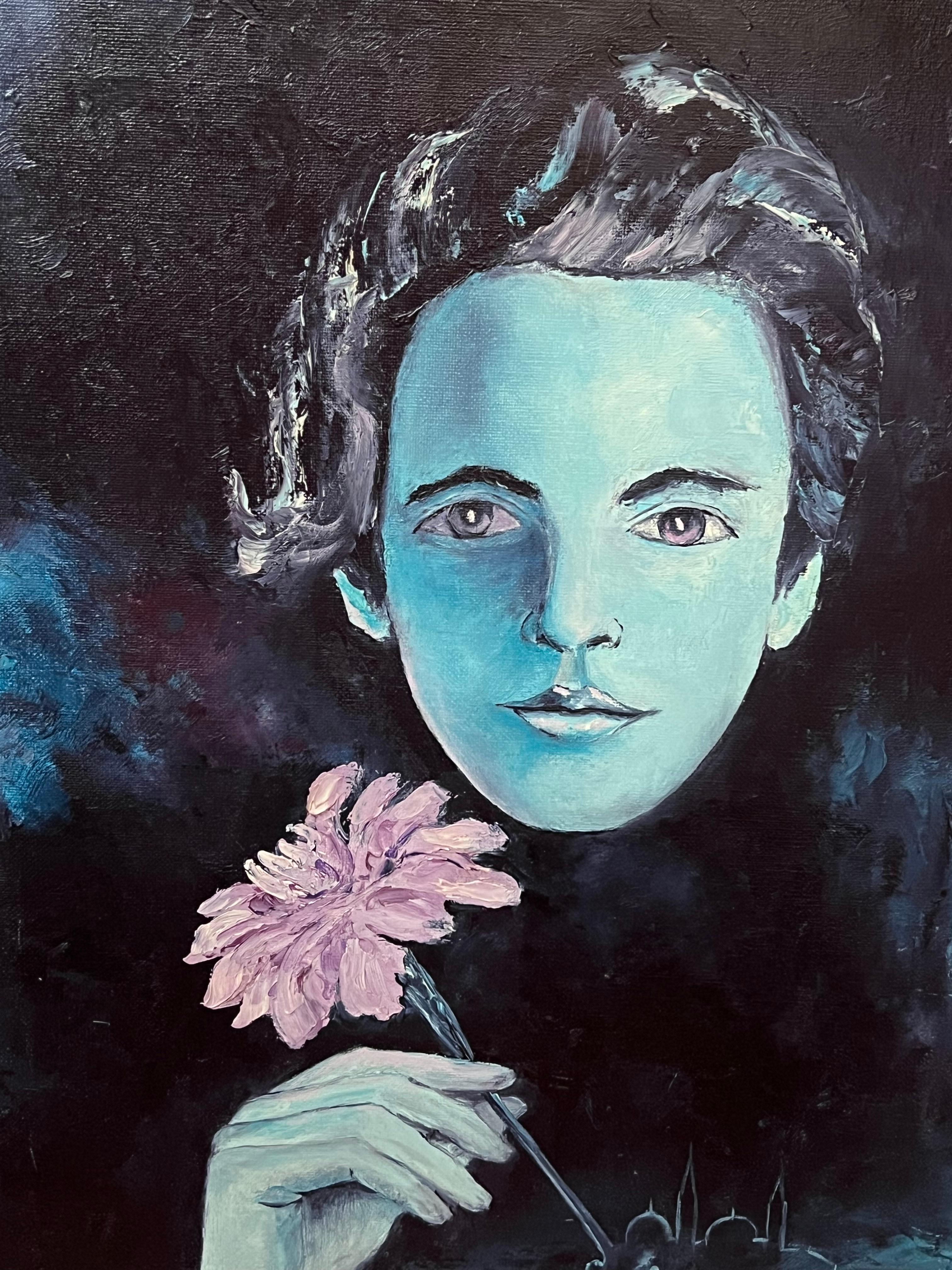 Figura che sorge nelle acque blu Pittura ad olio astratta francese del XX secolo in vendita 3