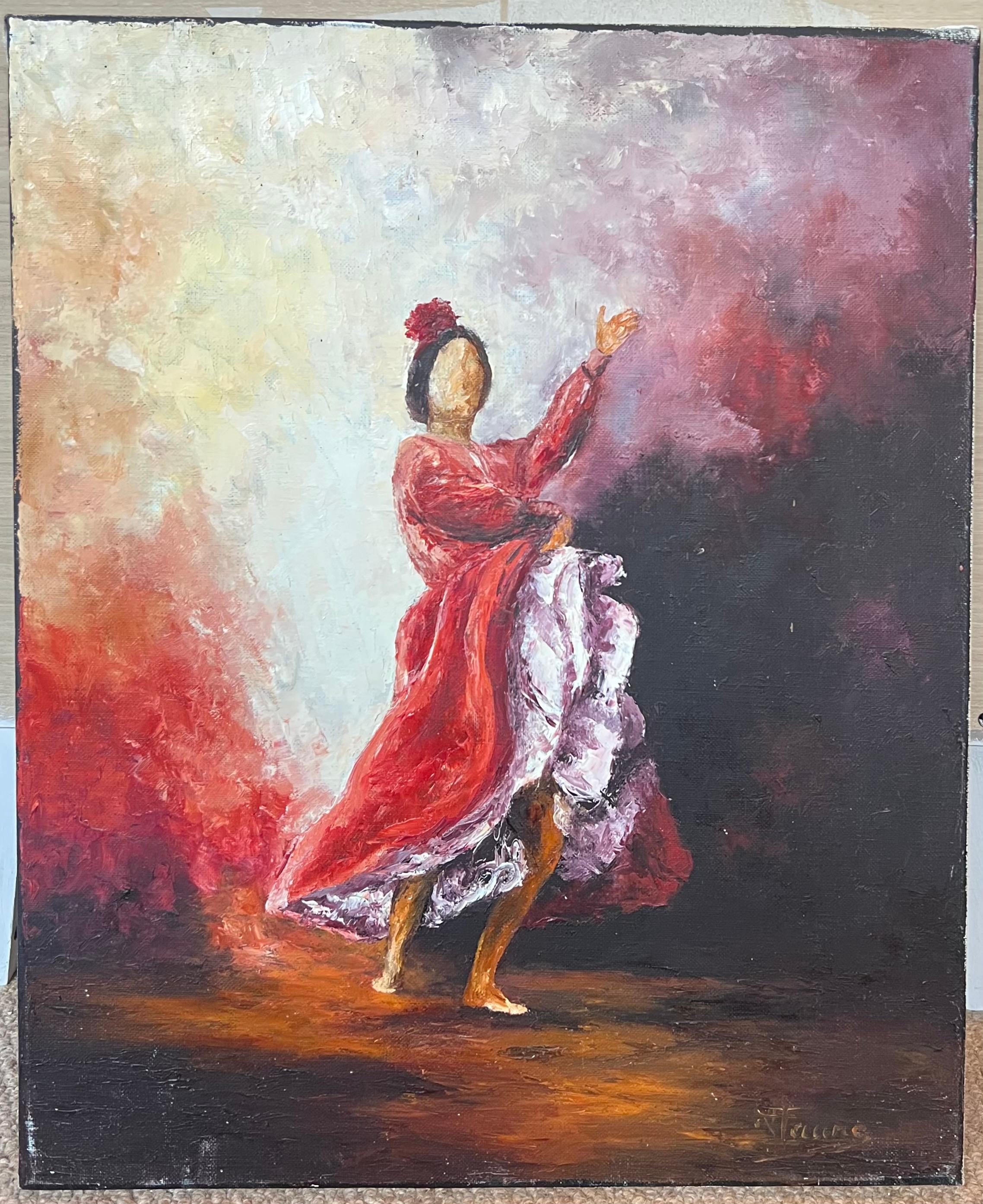 Ballerina di flamenco con piroette rosso fuoco Pittura ad olio francese del XX secolo - Painting di Annie Faure