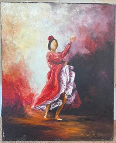 Danseuse flamenco aux volutes rouge feu Peinture à l'huile française du 20e siècle