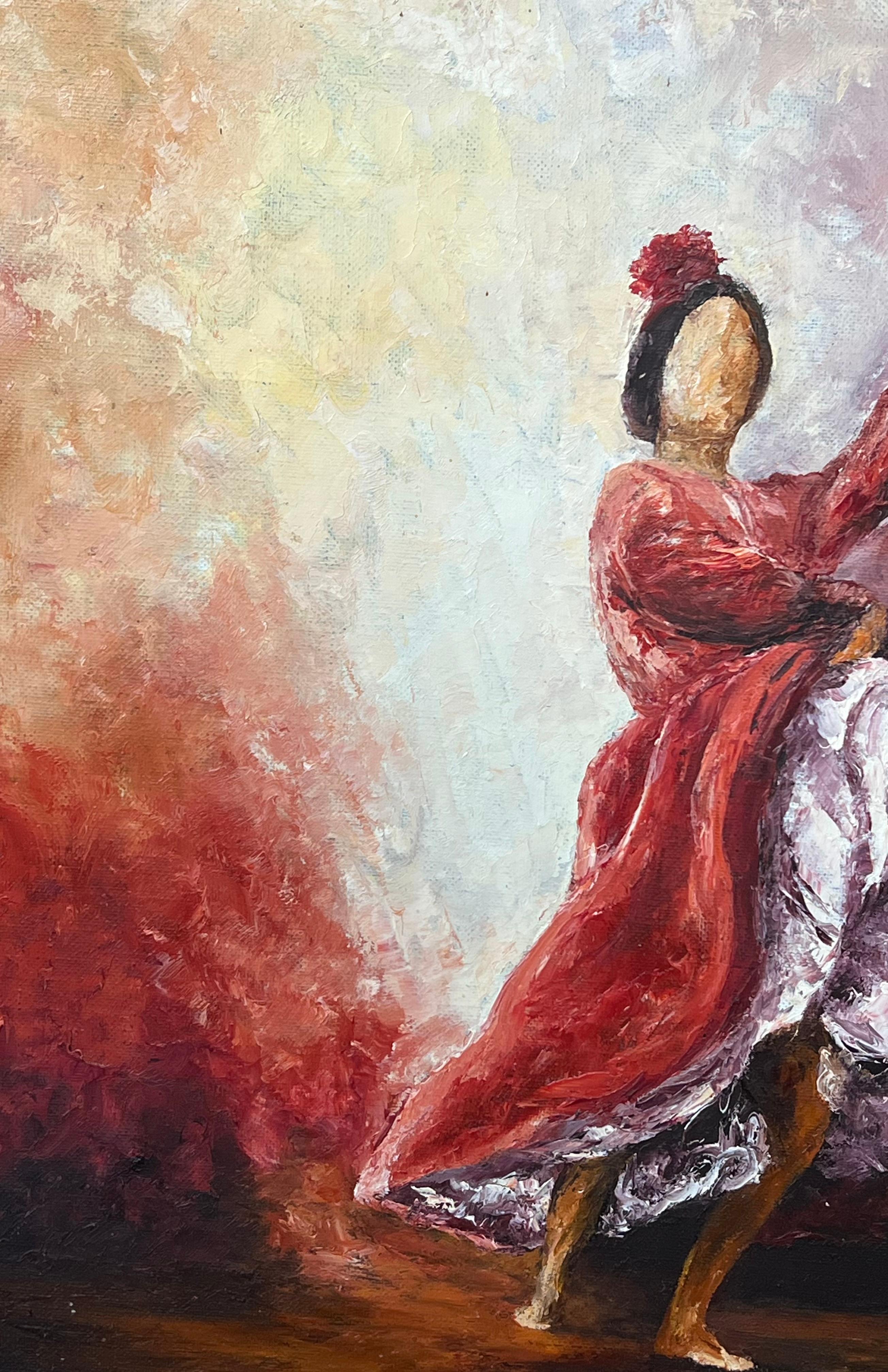 Ballerina di flamenco con piroette rosso fuoco Pittura ad olio francese del XX secolo - Painting Scuola francese di Annie Faure