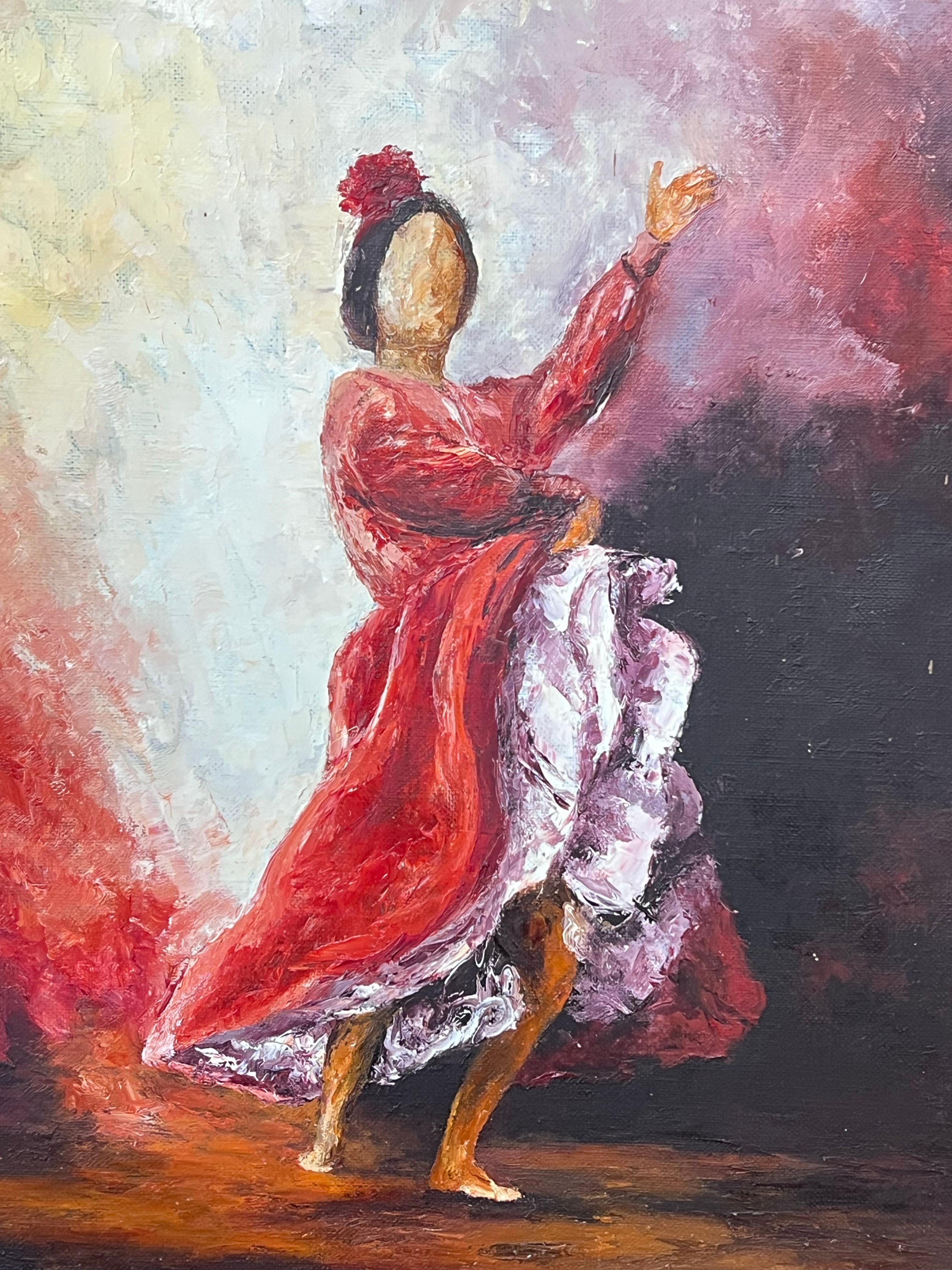 Ballerina di flamenco con piroette rosso fuoco Pittura ad olio francese del XX secolo - Portrait Painting Marrone di Annie Faure