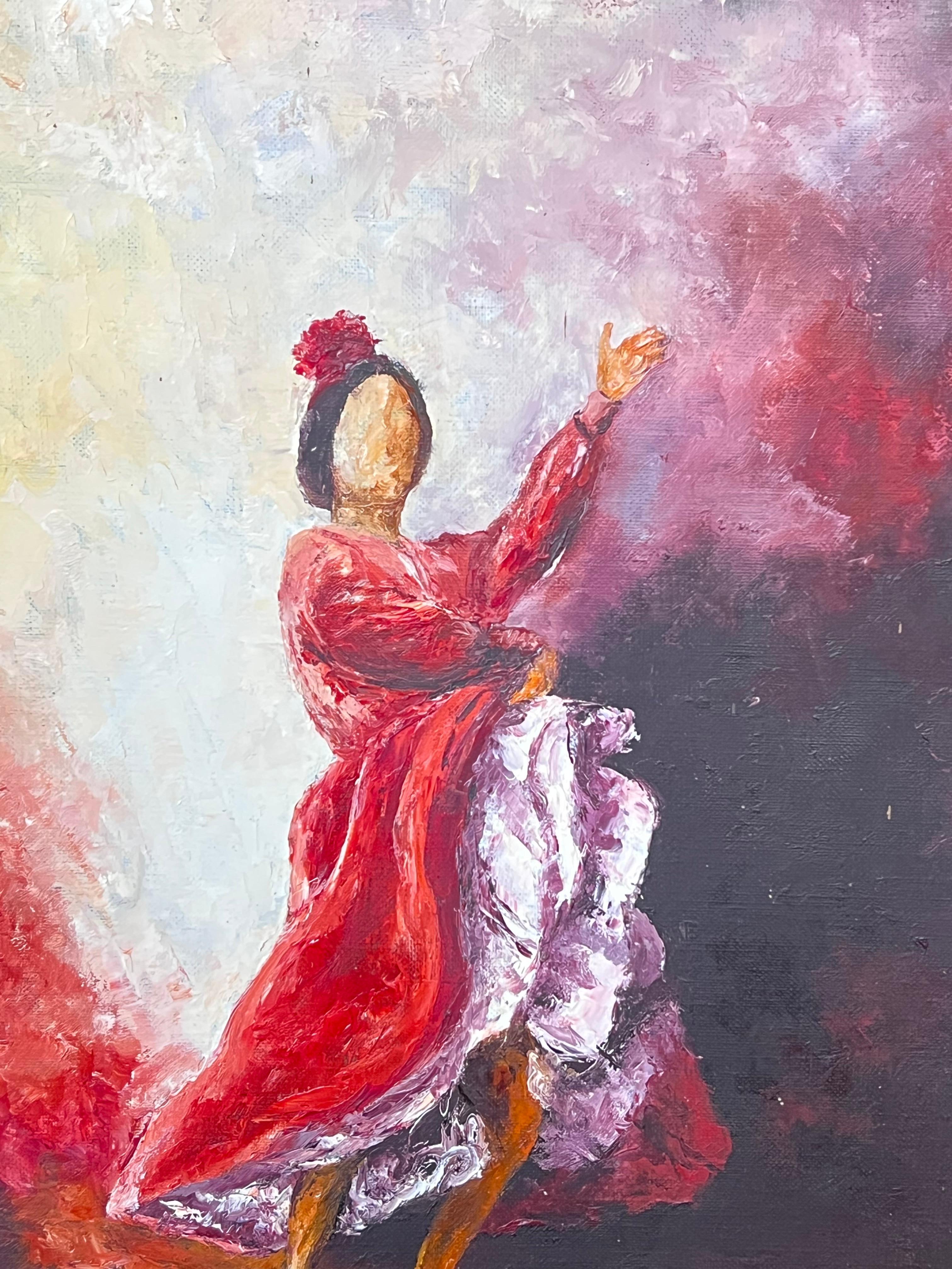 Ballerina di flamenco
di Annie Faure (francese 1940-2021)
firmato nell'angolo inferiore
dipinto a olio su tela, senza cornice
dimensioni della tela: 18 x 15 pollici
condizioni: complessivamente molto buone, lievi graffi superficiali dovuti alla