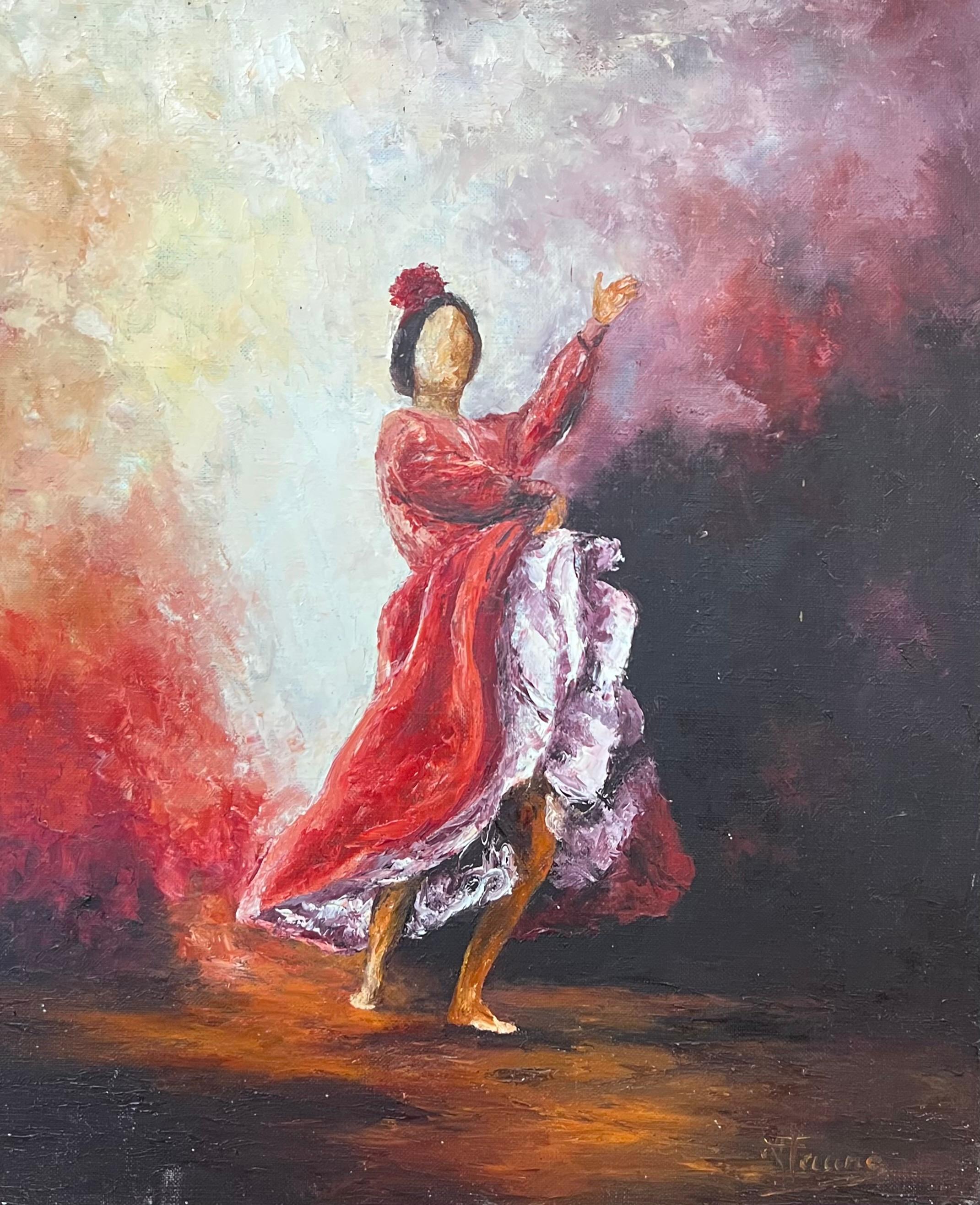 Portrait Painting di Annie Faure - Ballerina di flamenco con piroette rosso fuoco Pittura ad olio francese del XX secolo