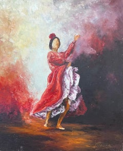 Flamenco Dancer in Fiery Red Twirls 20th Century French Oil Painting