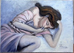 Gentle Portrait of a Sleeping Woman In a Pastel Setting 20th Century French Oil