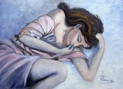 Gentle Portrait of a Sleeping Woman In a Pastel Setting 20th Century French Oil