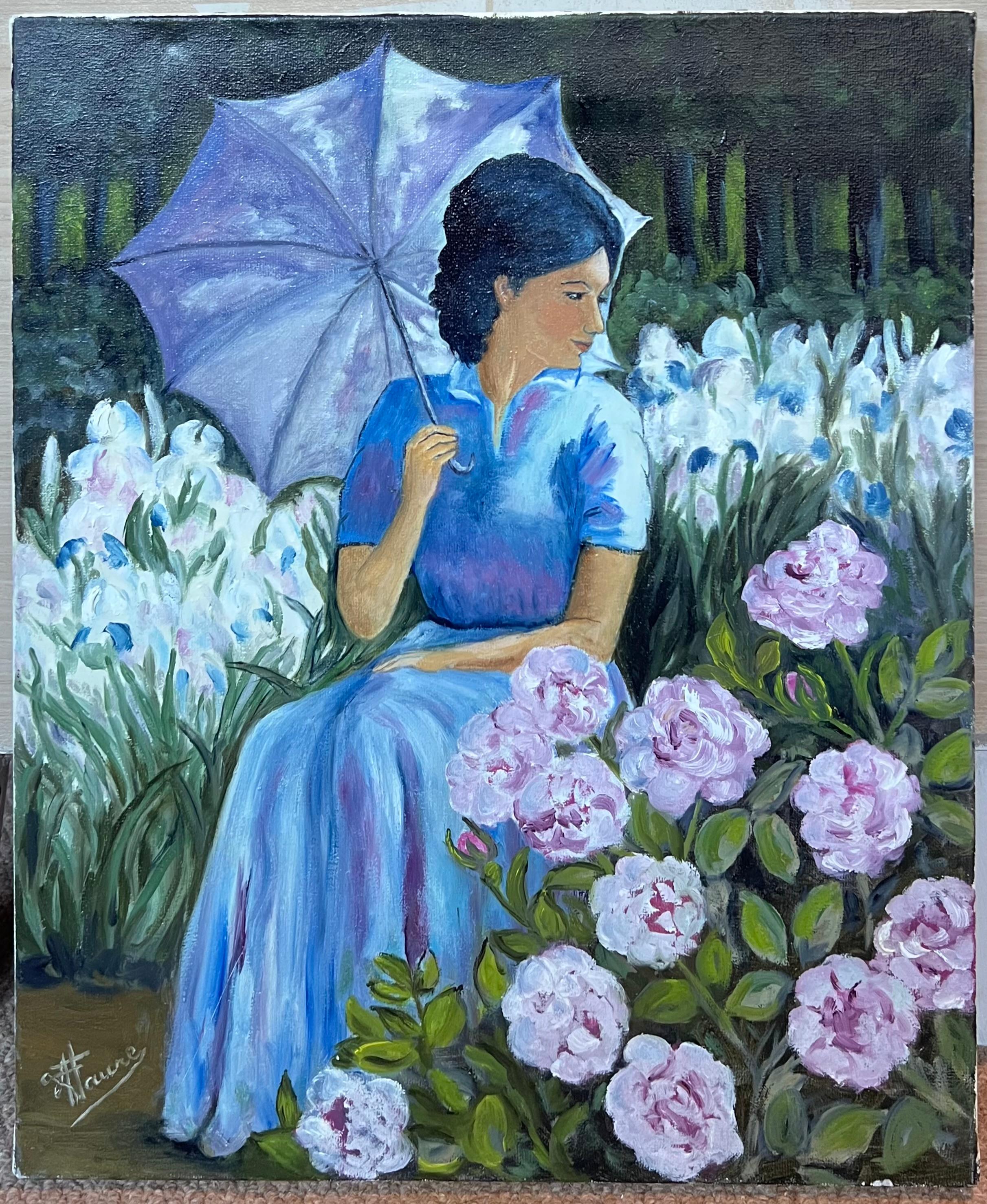 Signora in blu seduta tra rose e iris in fiore Olio francese del XX secolo - Painting di Annie Faure