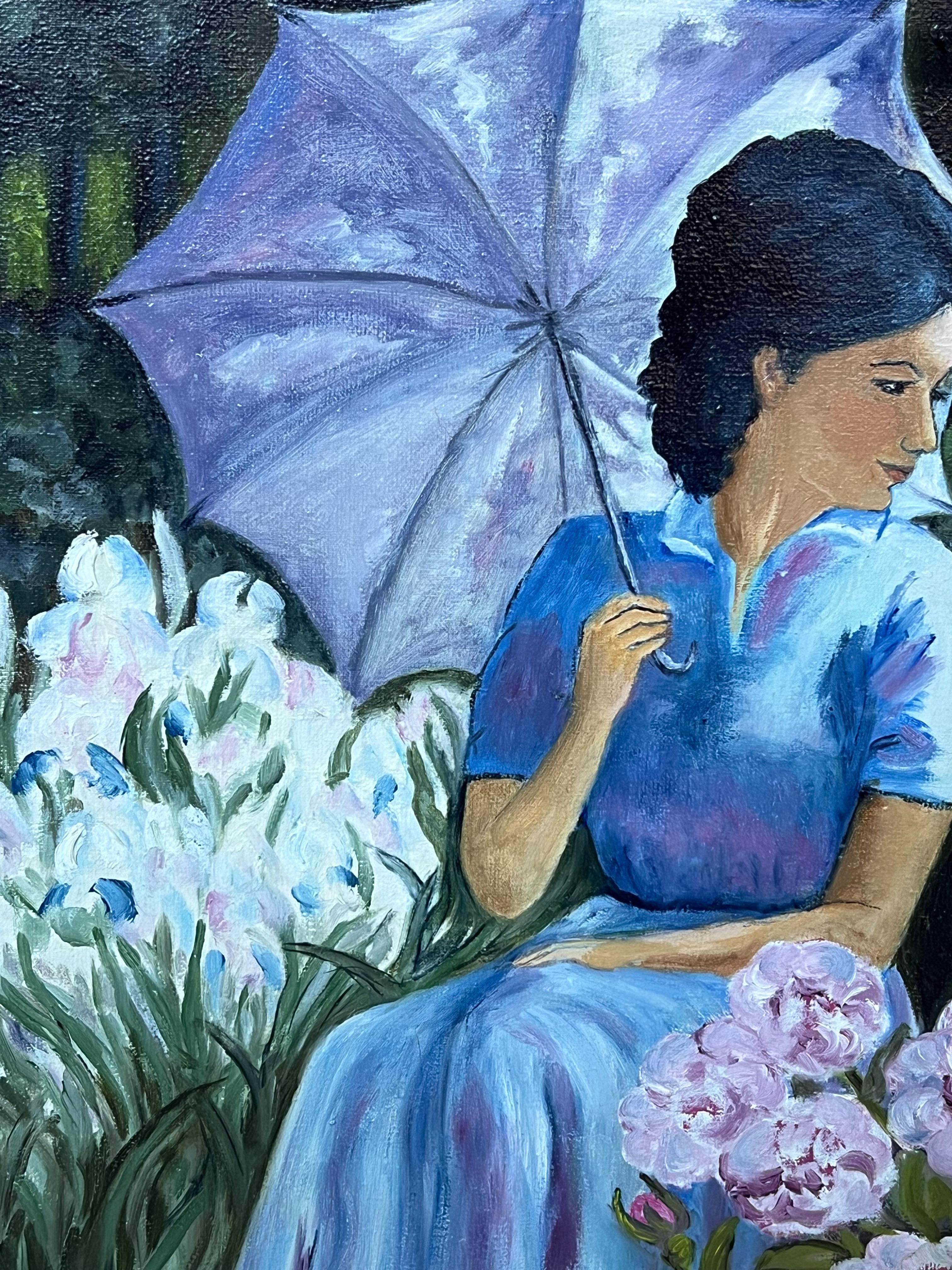 Signora in blu seduta tra rose e iris in fiore Olio francese del XX secolo - Painting Scuola francese di Annie Faure