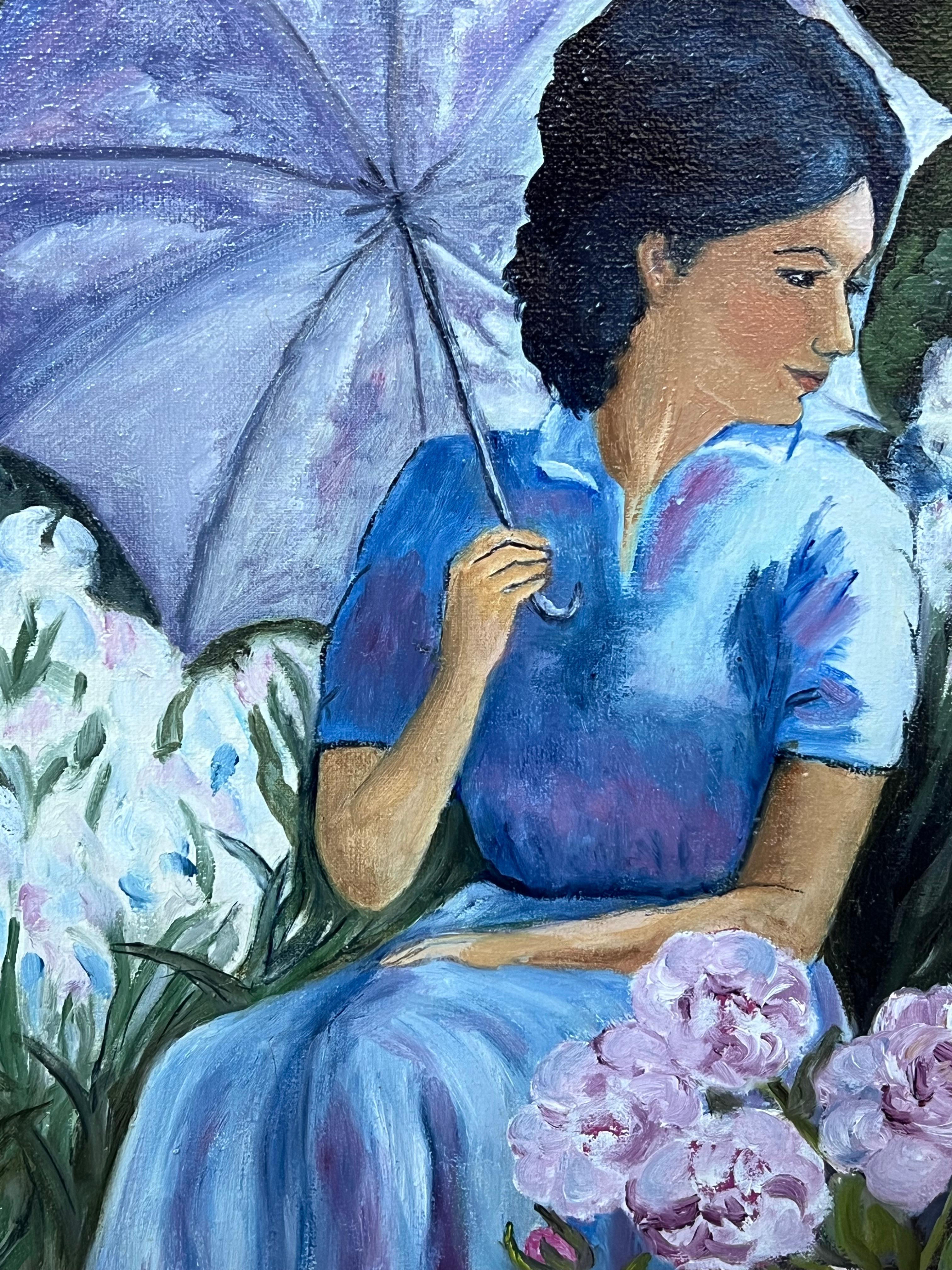 Signora in blu 
di Annie Faure (francese 1940-2021)
firmato nell'angolo inferiore
dipinto a olio su tela, senza cornice
dimensioni della tela: 18 x 15 pollici
condizioni: complessivamente molto buone, lievi graffi superficiali dovuti alla precedente