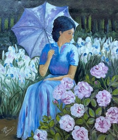 Lady in Blue Seated Amongst Blossoming Roses and Irises 20th Century French Oil