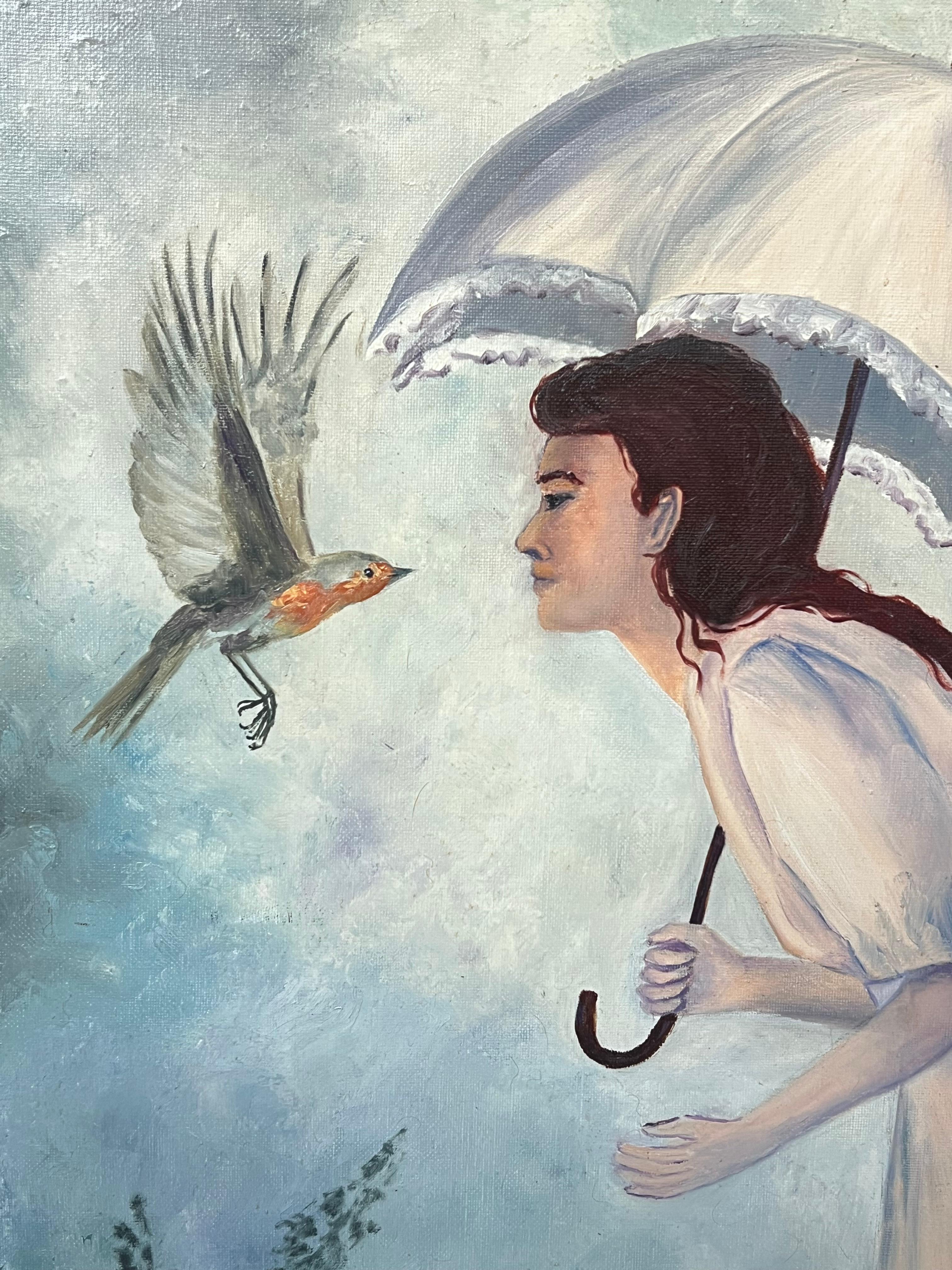 Lady in White Encountering mit einem Robin in Blau-Weiß-Ton, Französisch, 20. Jahrhundert – Painting von Annie Faure