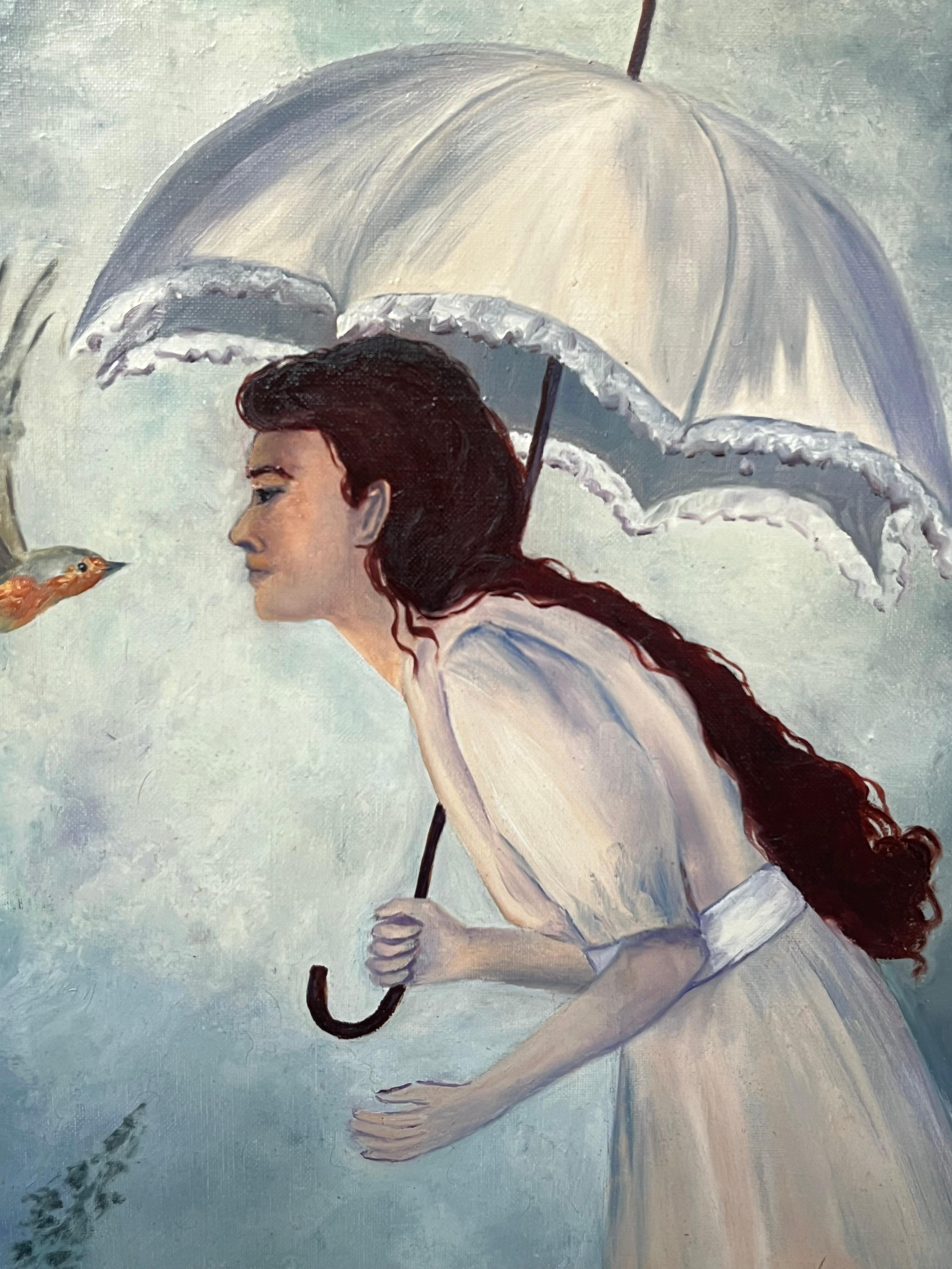 Lady in White Encountering mit einem Robin in Blau-Weiß-Ton, Französisch, 20. Jahrhundert (Französische Schule), Painting, von Annie Faure