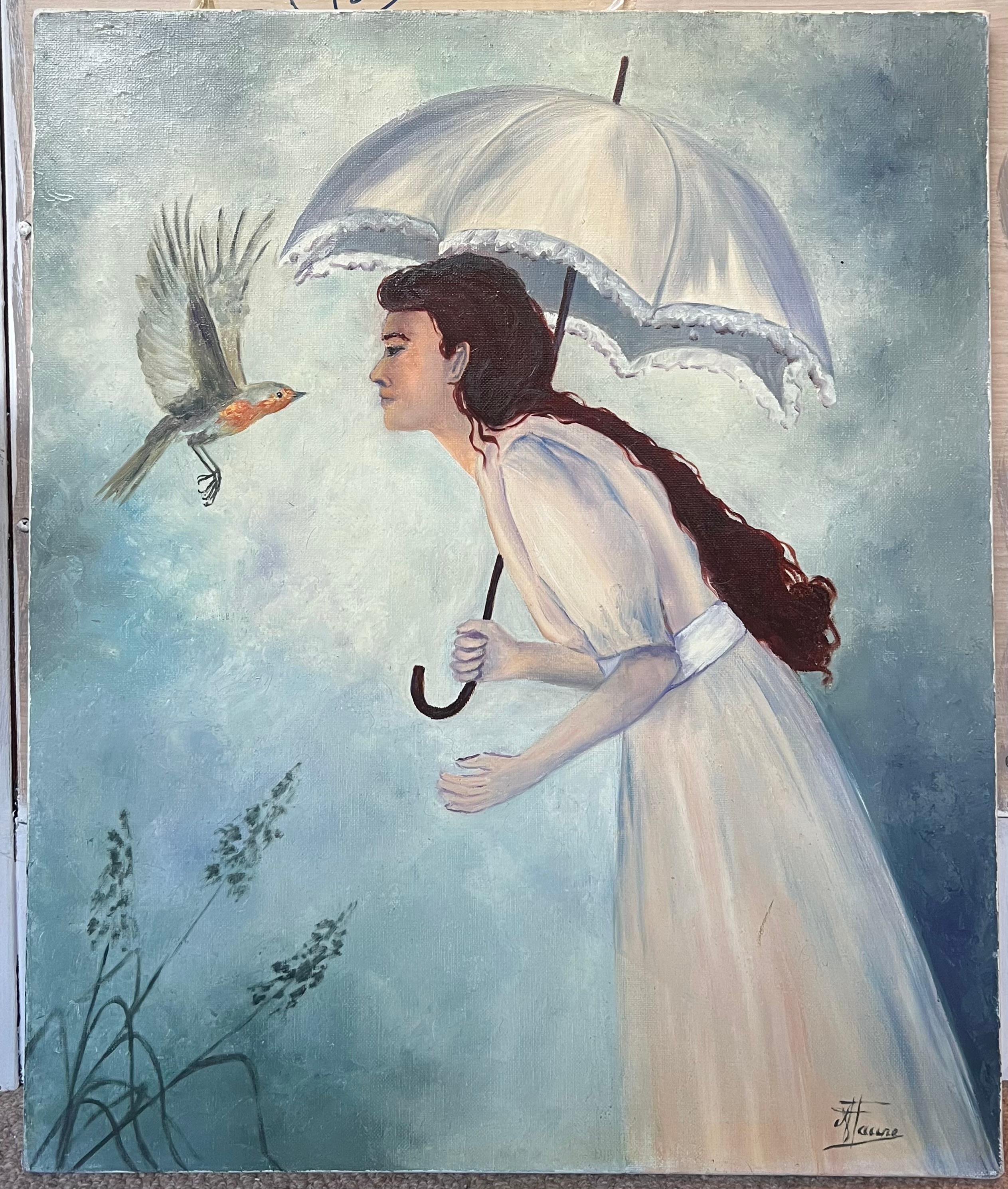 Lady in White Encountering mit einem Robin in Blau-Weiß-Ton, Französisch, 20. Jahrhundert (Grau), Figurative Painting, von Annie Faure