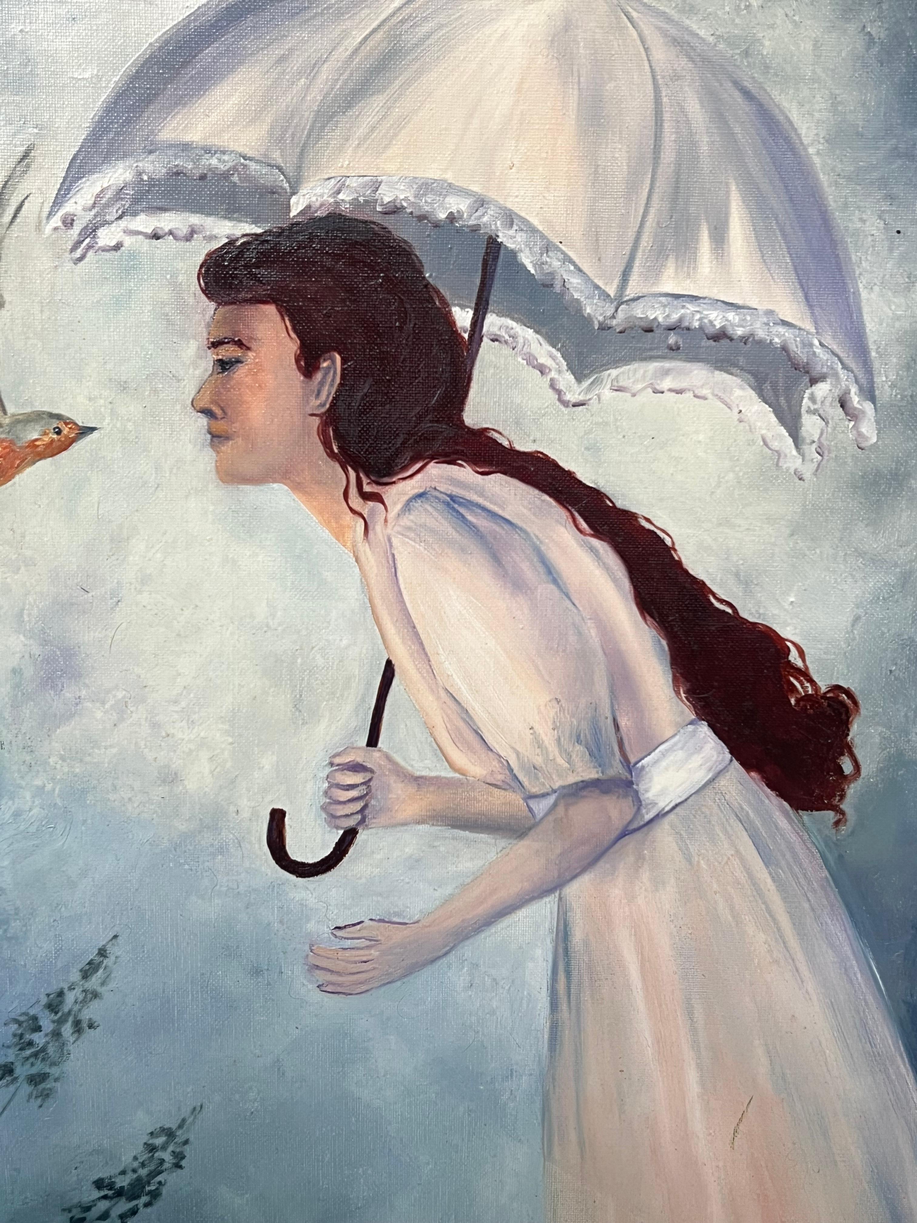 Lady in White Encountering mit einem Robin in Blau-Weiß-Ton, Französisch, 20. Jahrhundert im Angebot 1
