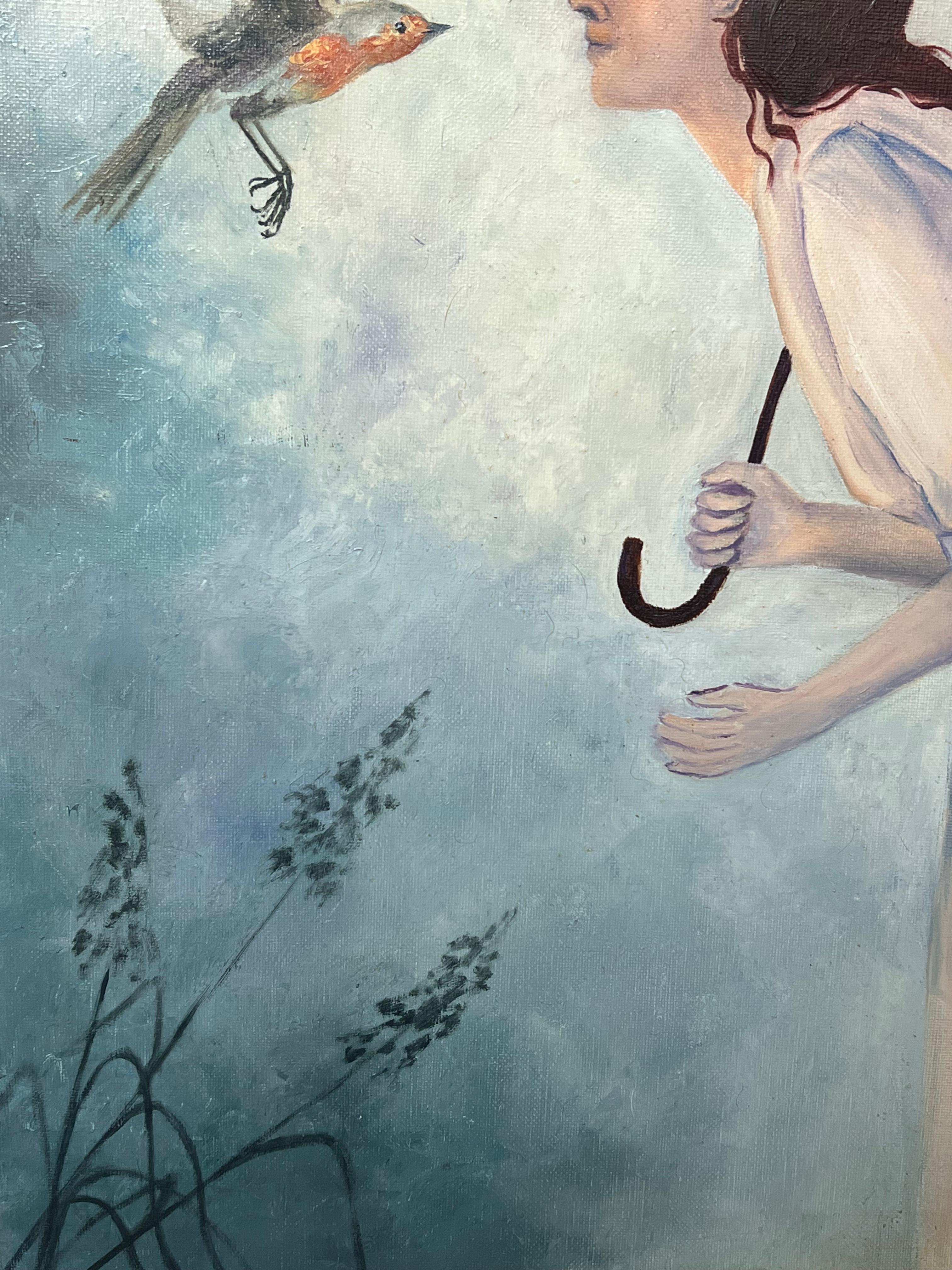 Lady in White Encountering mit einem Robin in Blau-Weiß-Ton, Französisch, 20. Jahrhundert im Angebot 2