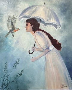 Lady in White Encountering with A Robin Blue & White Tones 20th Century French