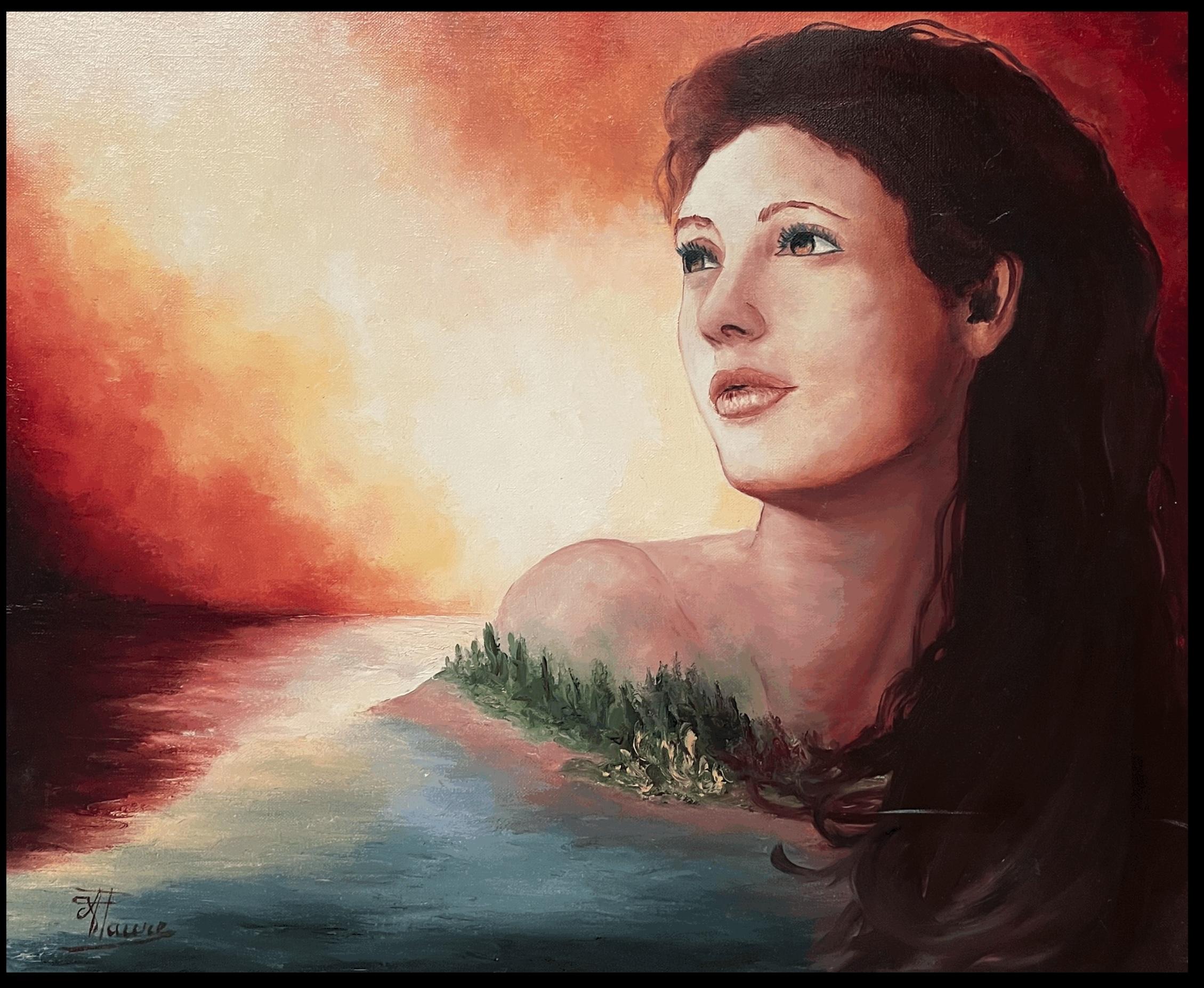 Grande dipinto a olio francese del 20° secolo, firmato, con una donna simbolista che fissa il cielo - Painting di Annie Faure