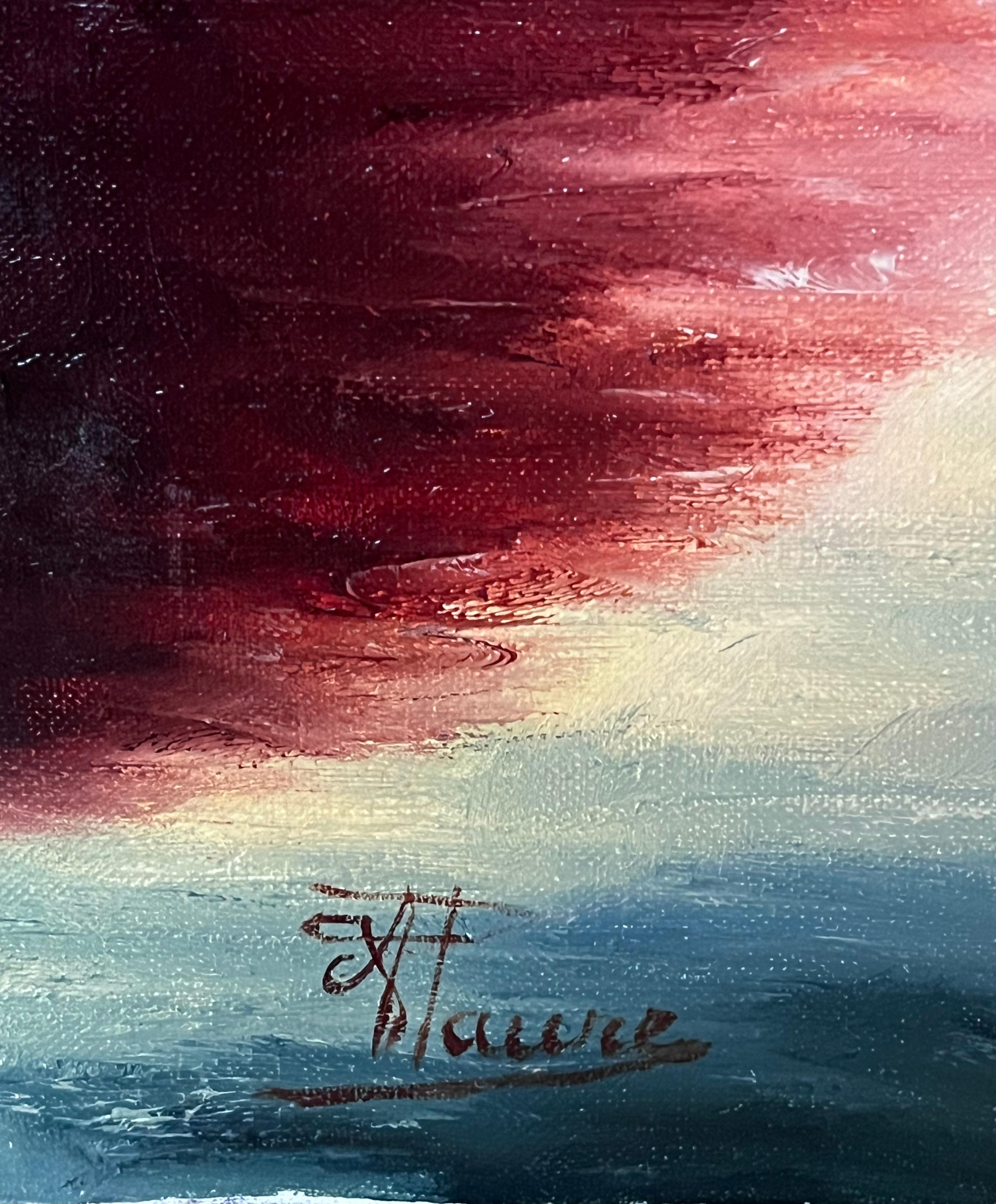 Grande dipinto a olio francese del 20° secolo, firmato, con una donna simbolista che fissa il cielo - Painting Scuola francese di Annie Faure