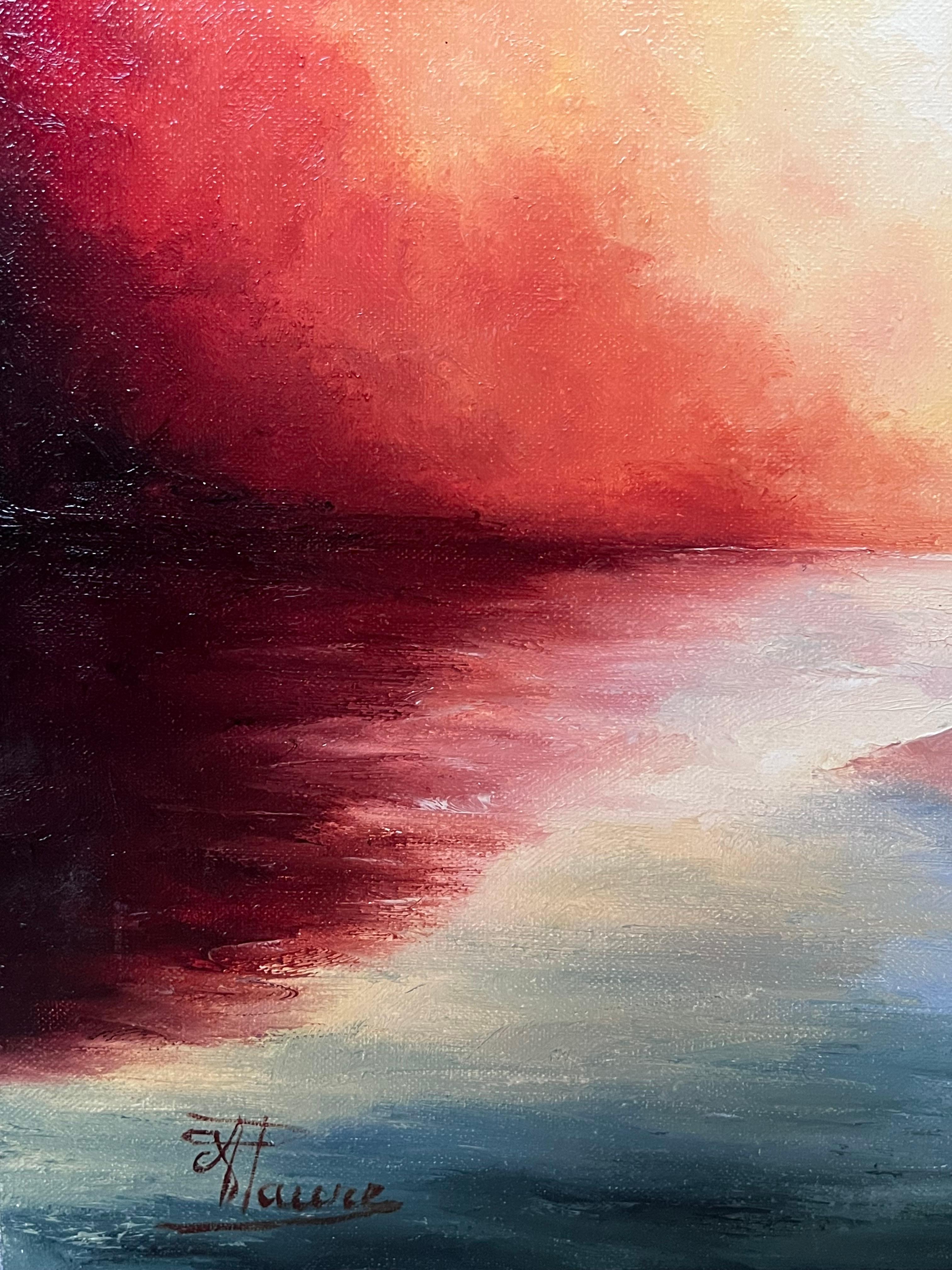 Grande dipinto a olio francese del 20° secolo, firmato, con una donna simbolista che fissa il cielo - Landscape Painting Beige di Annie Faure