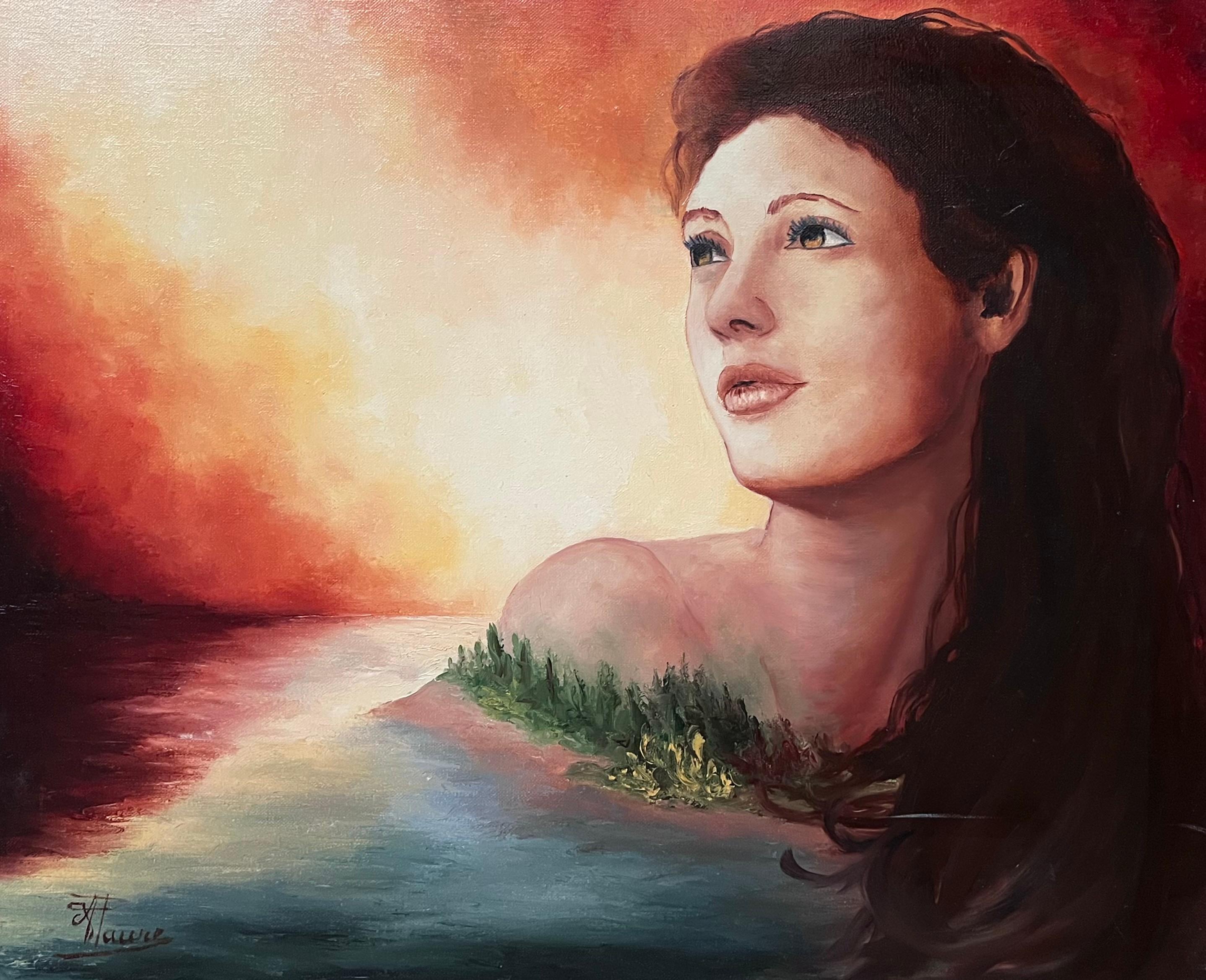 Landscape Painting di Annie Faure - Grande dipinto a olio francese del 20° secolo, firmato, con una donna simbolista che fissa il cielo