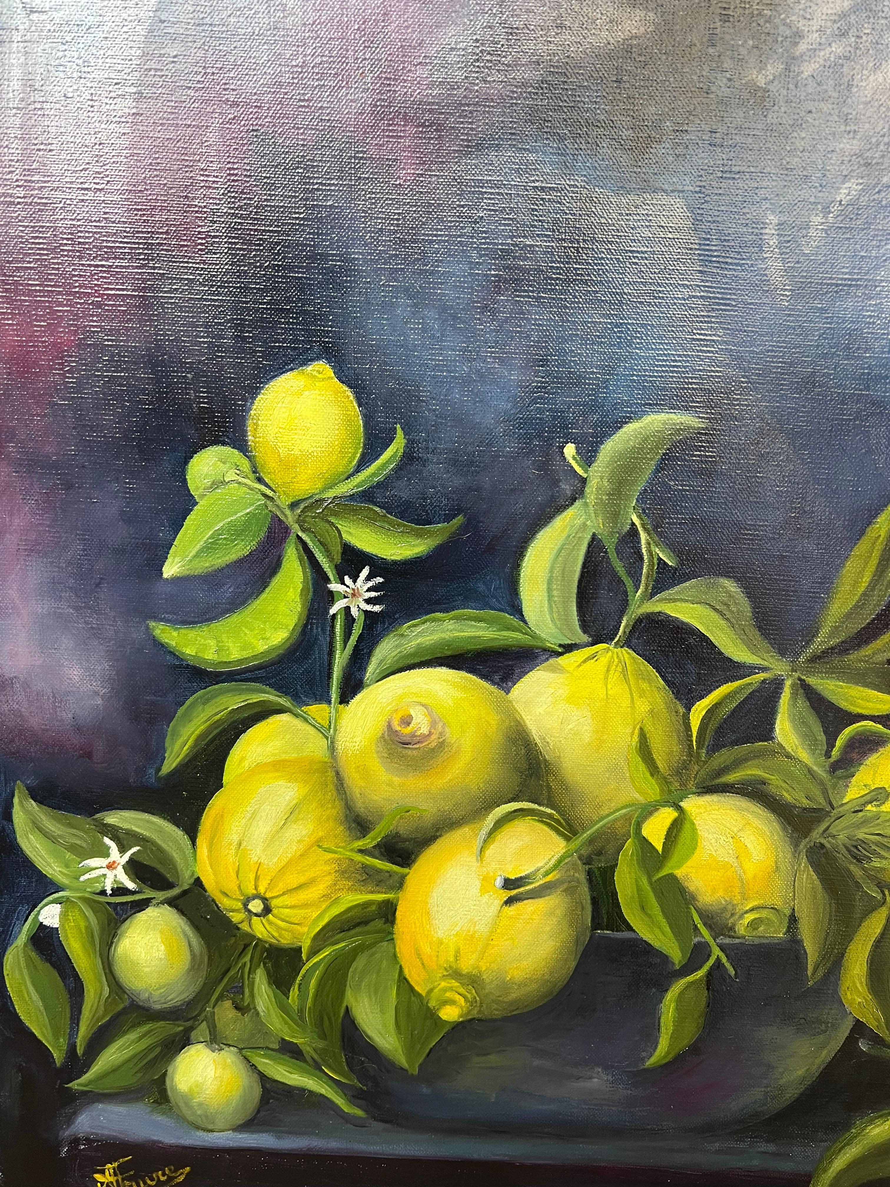 Peinture à l'huile française du 20e siècle : vignes de citron débordant dans un bol de fruits bleus - Painting de Annie Faure