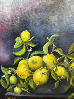 Vite di limone che traboccano in una fruttiera blu Pittura a olio francese del XX secolo