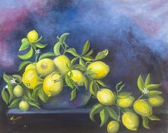 Vides de limón desbordadas en frutero azul Pintura al óleo francesa del siglo XX