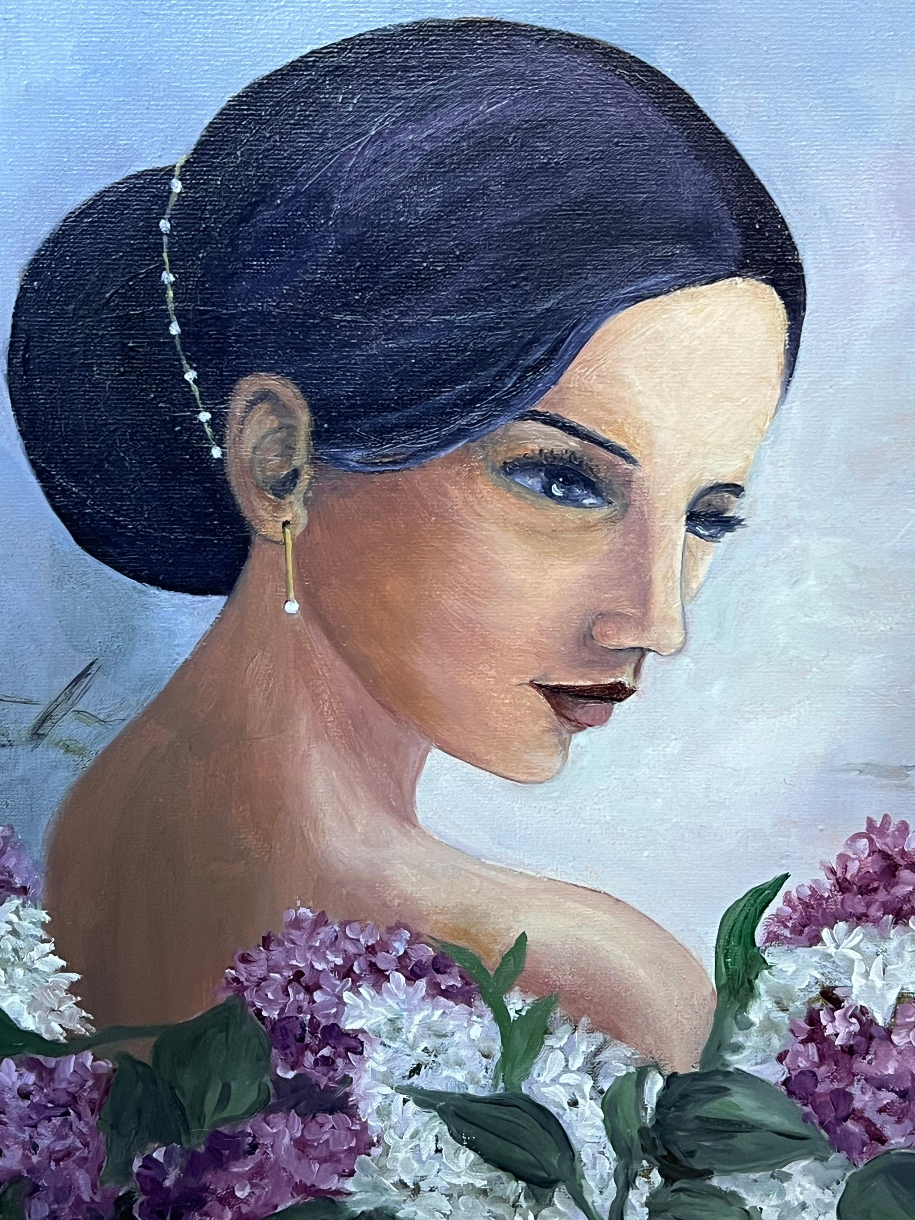 Mysterious Woman in a Lilacs Gazes into the Distance, Französisches Ölgemälde, 20. Jahrhundert – Painting von Annie Faure