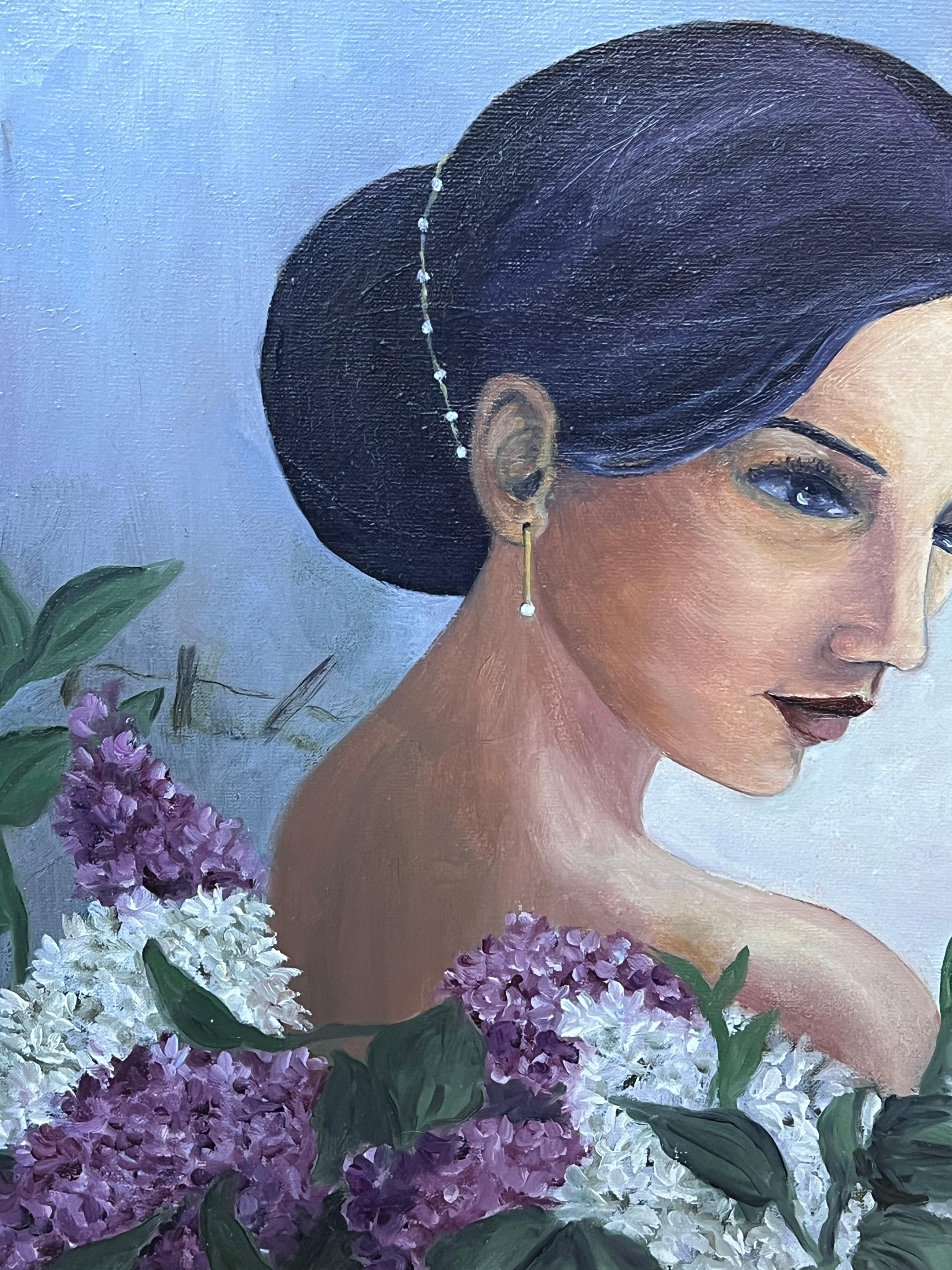 Mysterious Woman in a Lilacs Gazes into the Distance, Französisches Ölgemälde, 20. Jahrhundert (Französische Schule), Painting, von Annie Faure