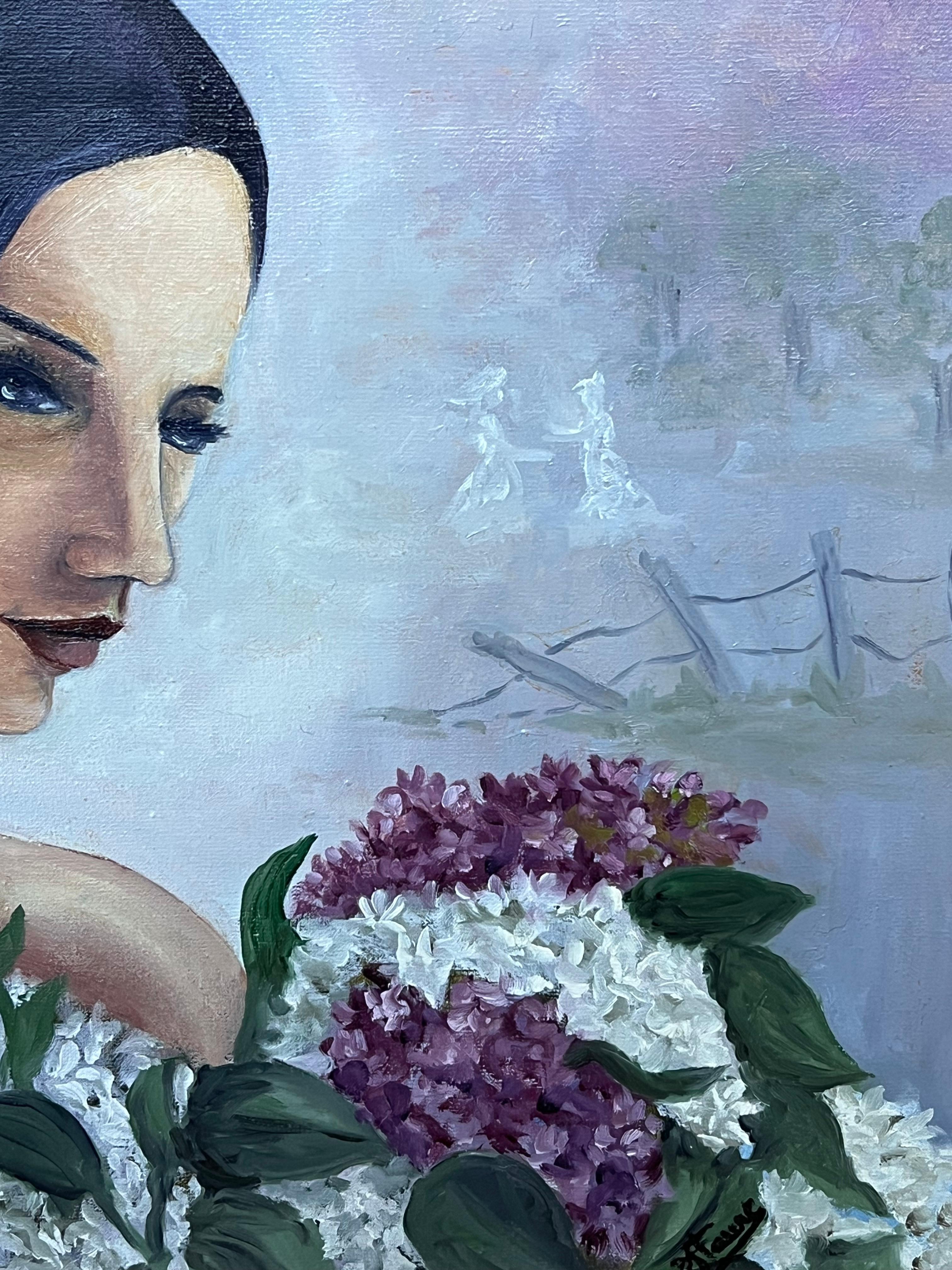 Mysterious Woman in a Lilacs Gazes into the Distance, Französisches Ölgemälde, 20. Jahrhundert (Blau), Portrait Painting, von Annie Faure