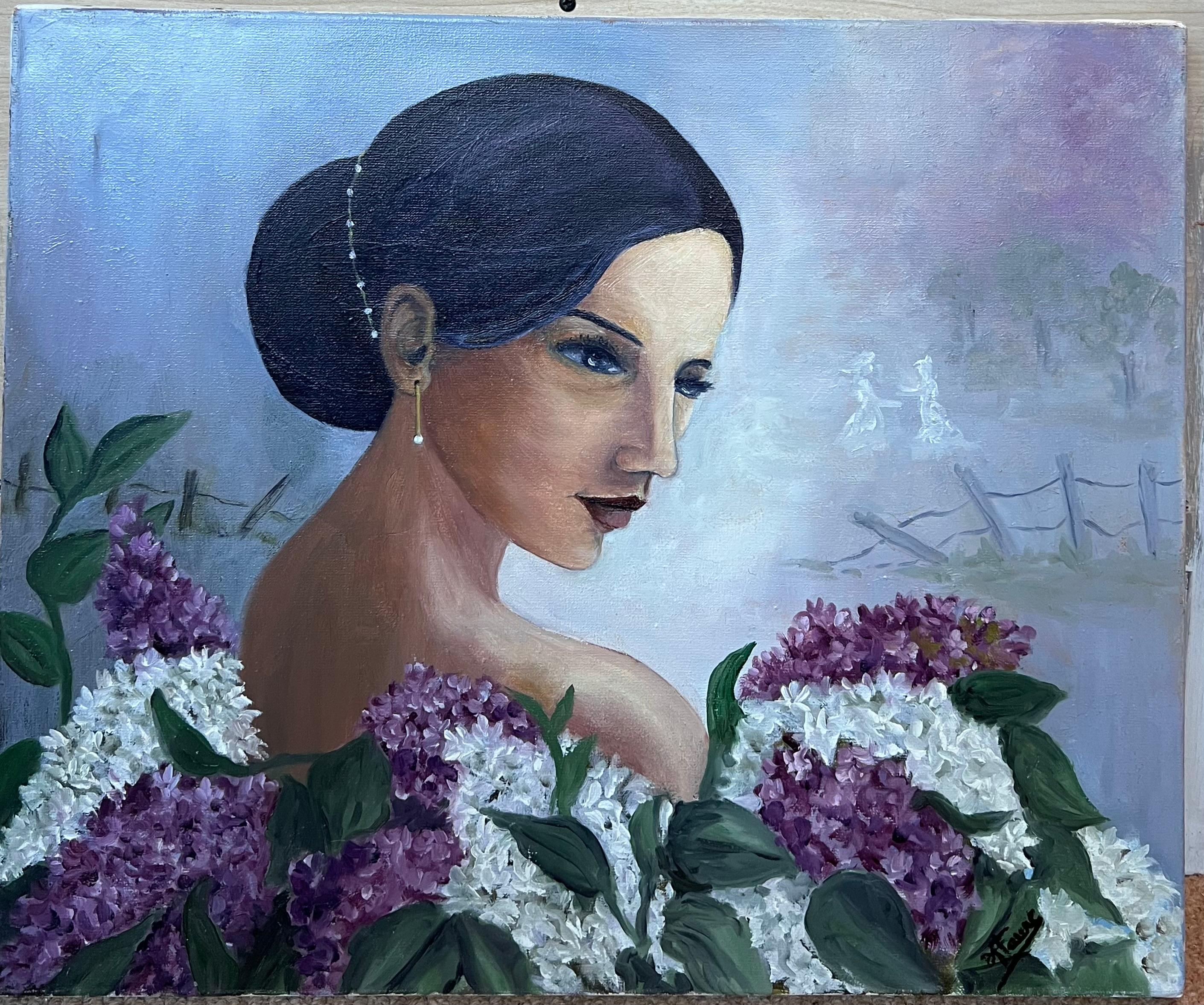 Mysterious Woman in a Lilacs Gazes into the Distance, Französisches Ölgemälde, 20. Jahrhundert im Angebot 2