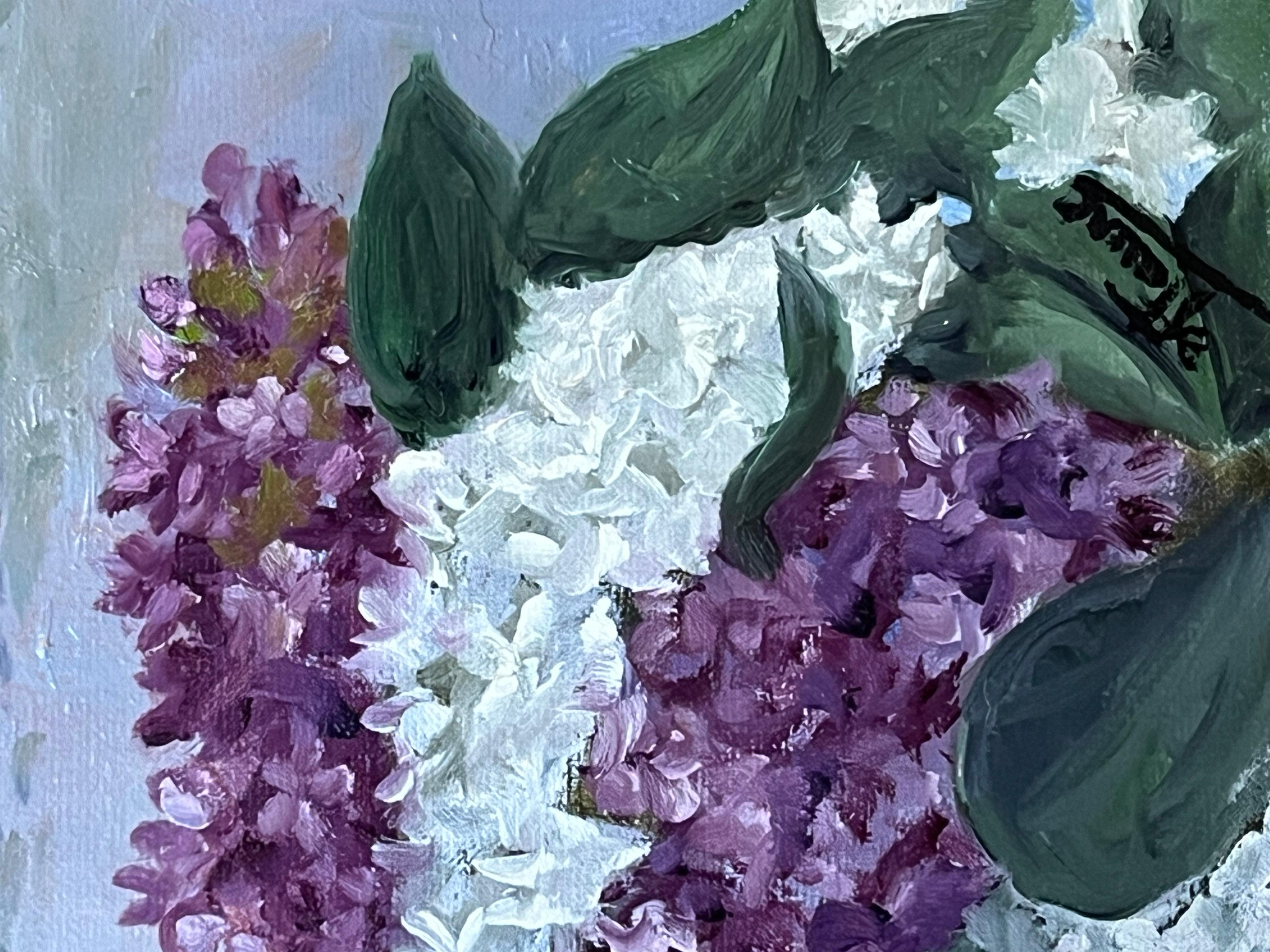 Mysterious Woman in a Lilacs Gazes into the Distance, Französisches Ölgemälde, 20. Jahrhundert im Angebot 3