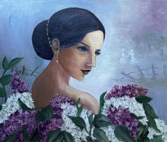 Mysterious Woman in a Lilacs Gazes into the Distance 20th Century French Oil