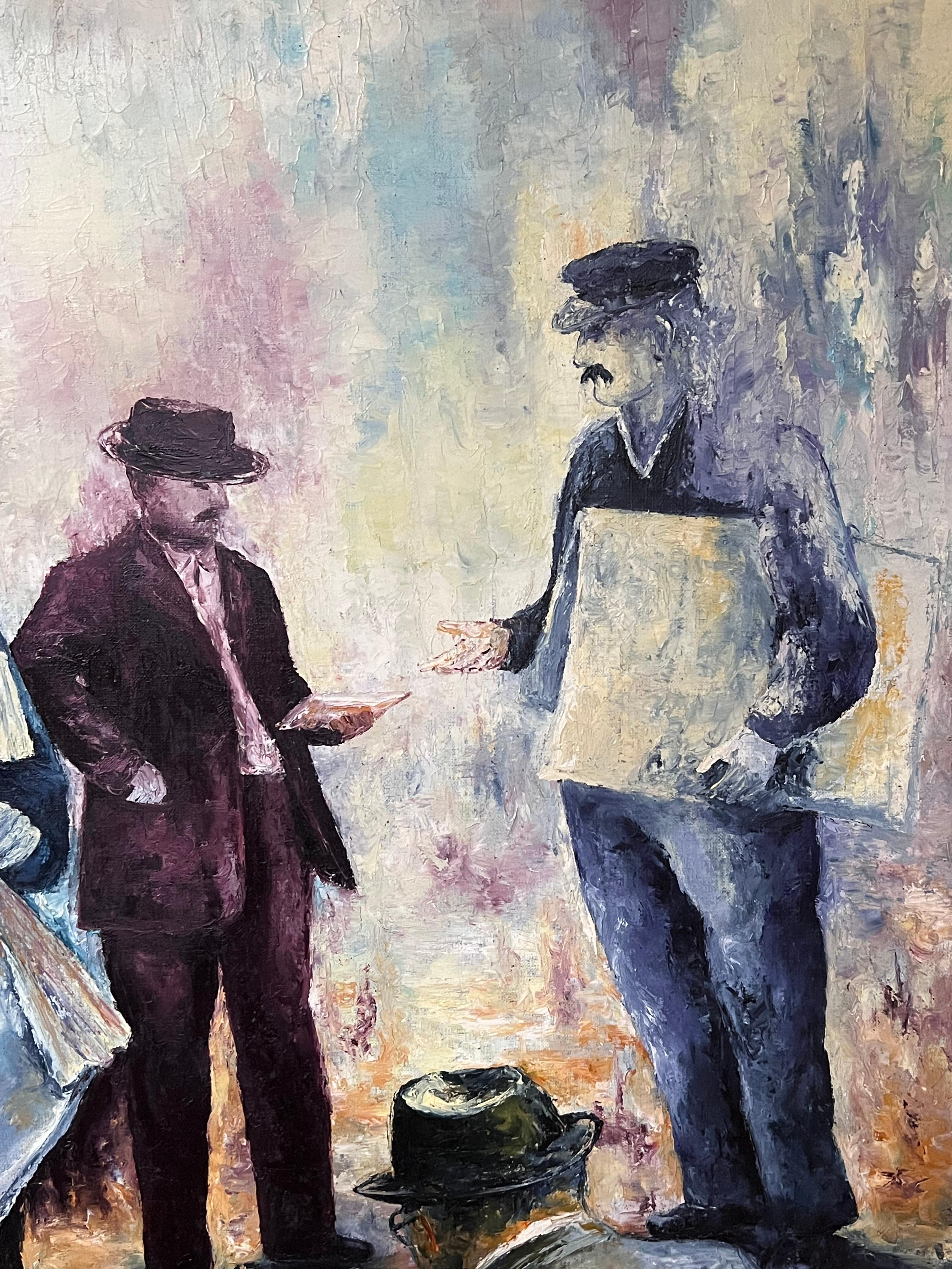 Newspaper Vendors Busy Street Scene Large 20th Century French Oil Painting - Black Figurative Painting by Annie Faure
