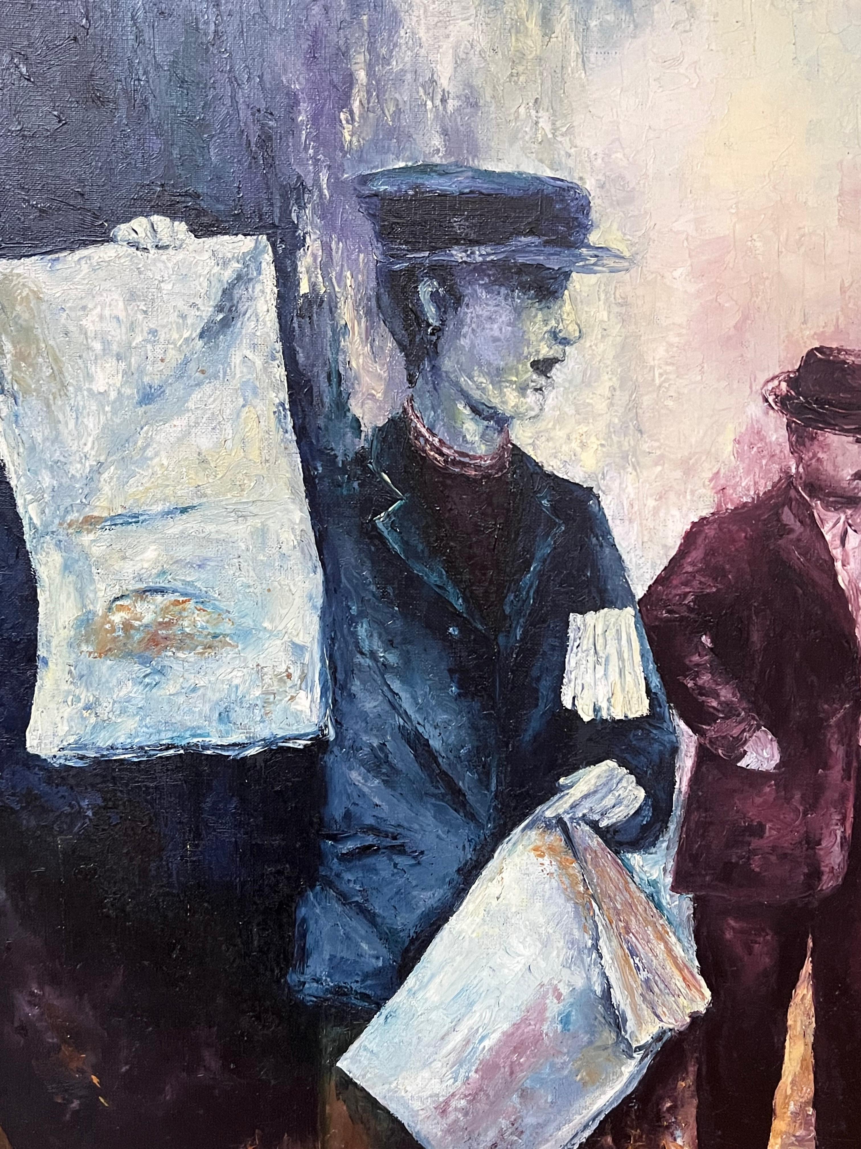 The News Paper Vendors
by Annie Faure (French 1940-2021)
signed lower corner
oil painting on canvas, unframed
canvas size: 36 x 29 inches
condition: overall very good, minor surface scuffs from previous storage
provenance: from the artists family in